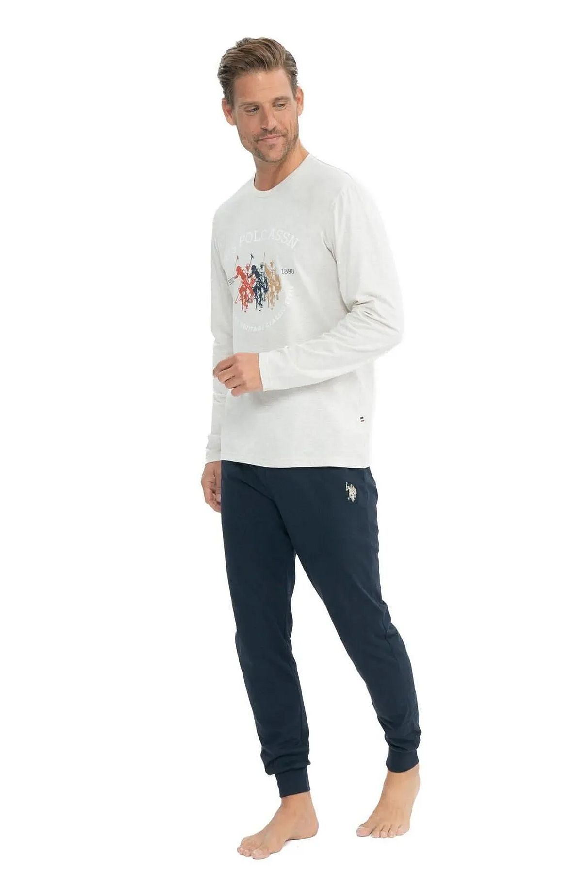 U.s Polo Assn. 18832 Erkek Uzun Kollu Yuvarlak Yaka Paçası Lastikli  Pijama Takımı-Bejmelanj