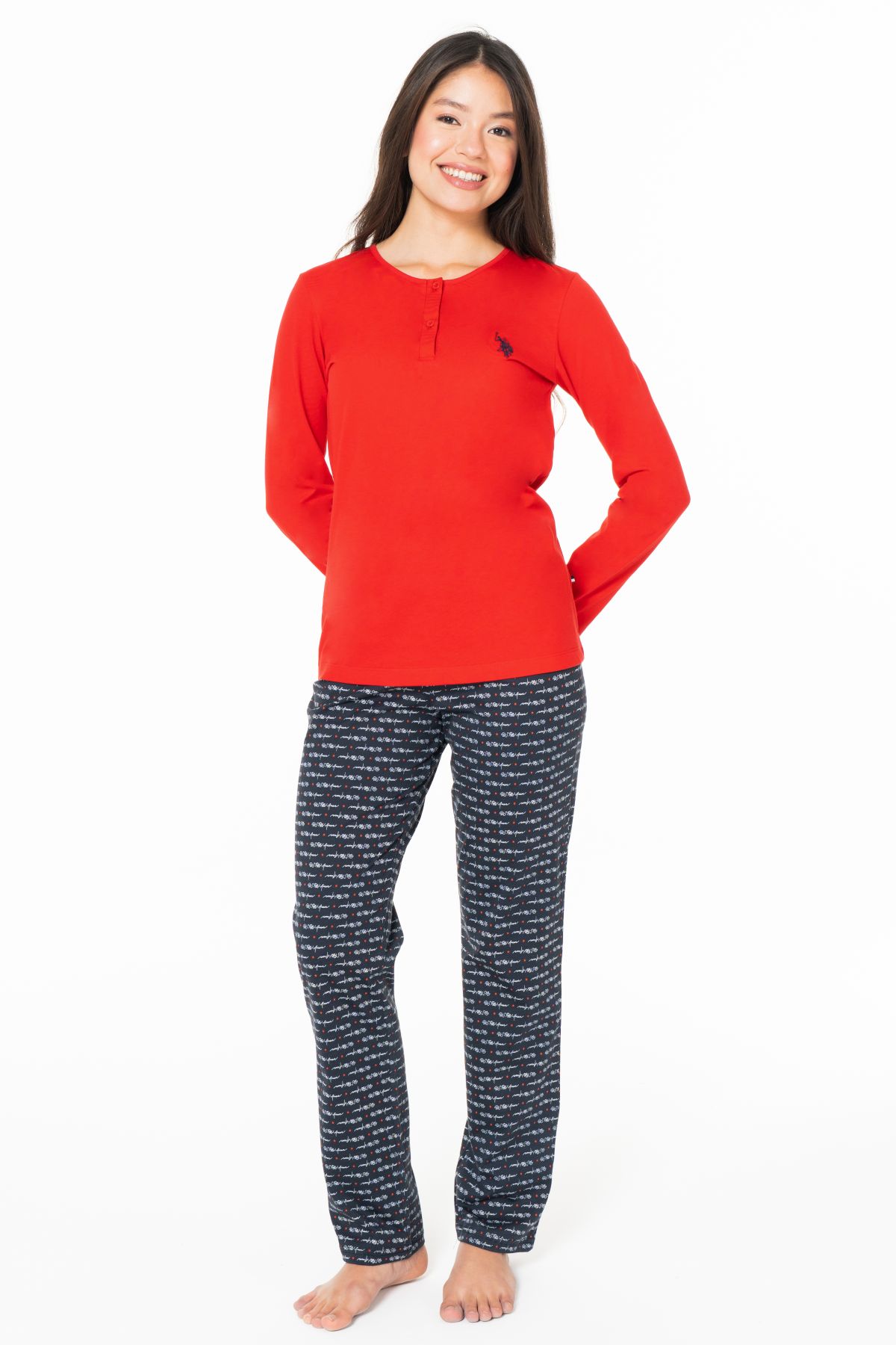 U.s Polo Assn. 20146 Kadın Uzun Kollu Düğmeli Bisiklet Yaka Pijama Takımı-Kırmızı