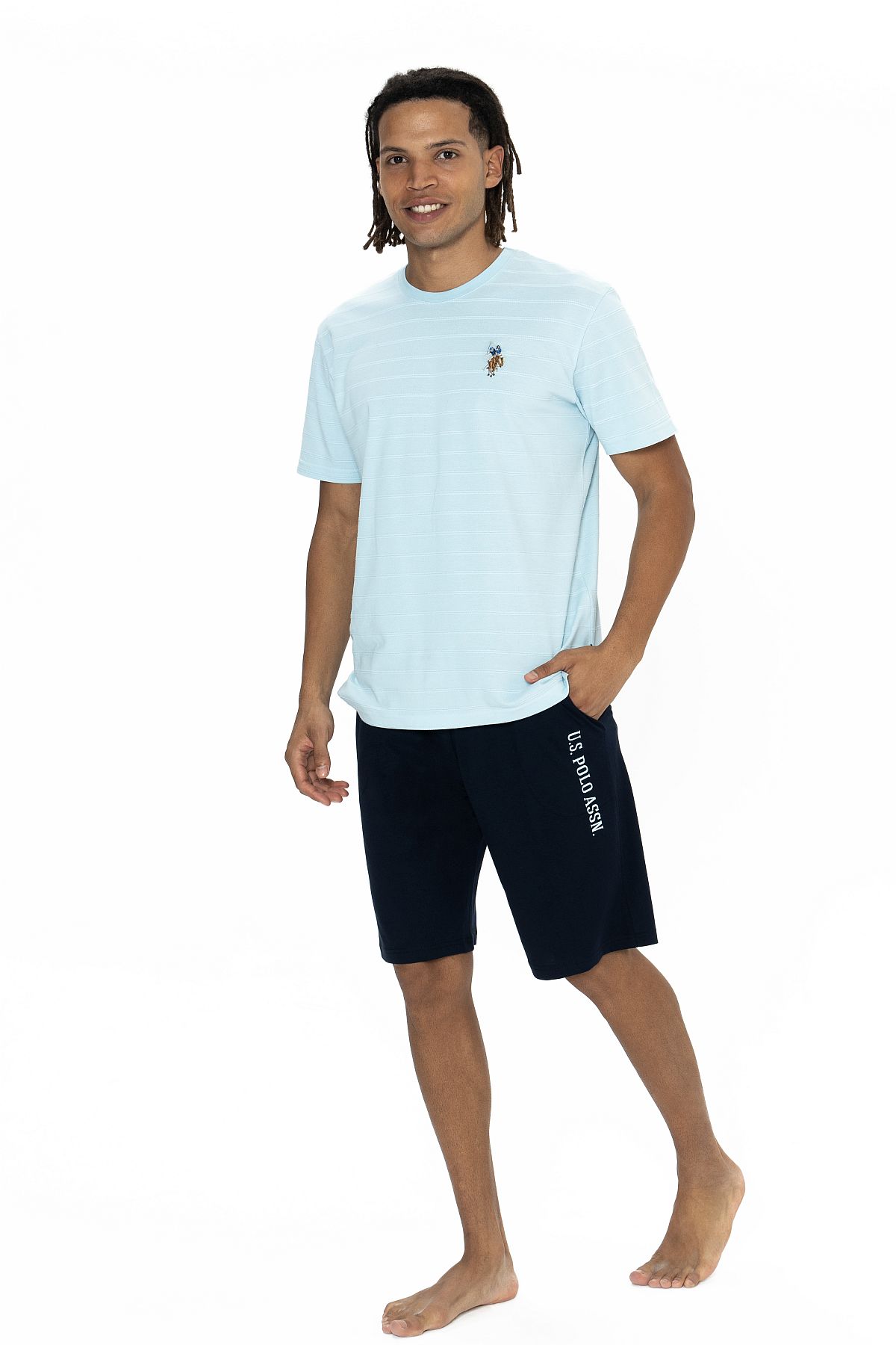 U.s Polo Assn. 18881 Erkek Kısa Kollu Bisiklet Yaka Şortlu Pijama Takımı-Mavi