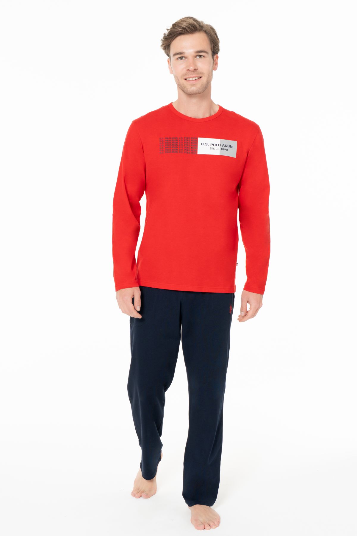 U.s Polo Assn. 18945 Erkek Uzun Kollu Bisiklet Yaka Pijama Takımı-Kırmızı