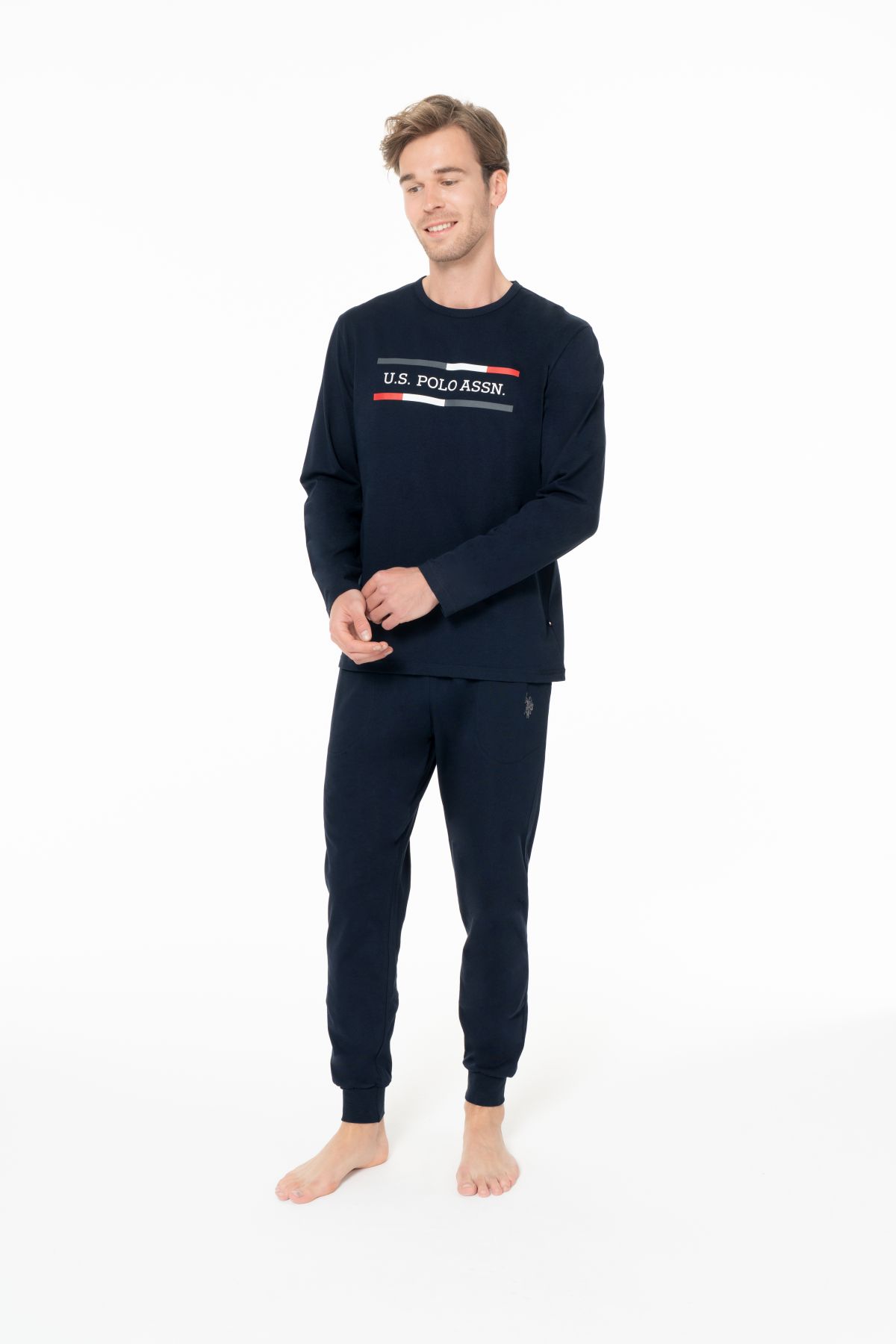 U.s Polo Assn. 18951 Erkek Uzun Kollu Bisiklet Yaka Paçası Bantlı Pijama Takımı-Lacivert