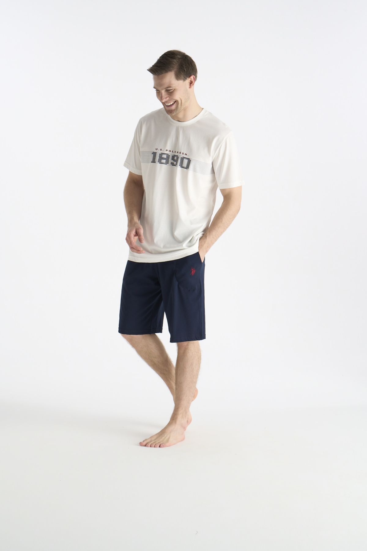 U.s Polo Assn. 19019 Erkek Kısa Kollu Bisiklet Yaka Şortlu Pijama Takımı-Ekru