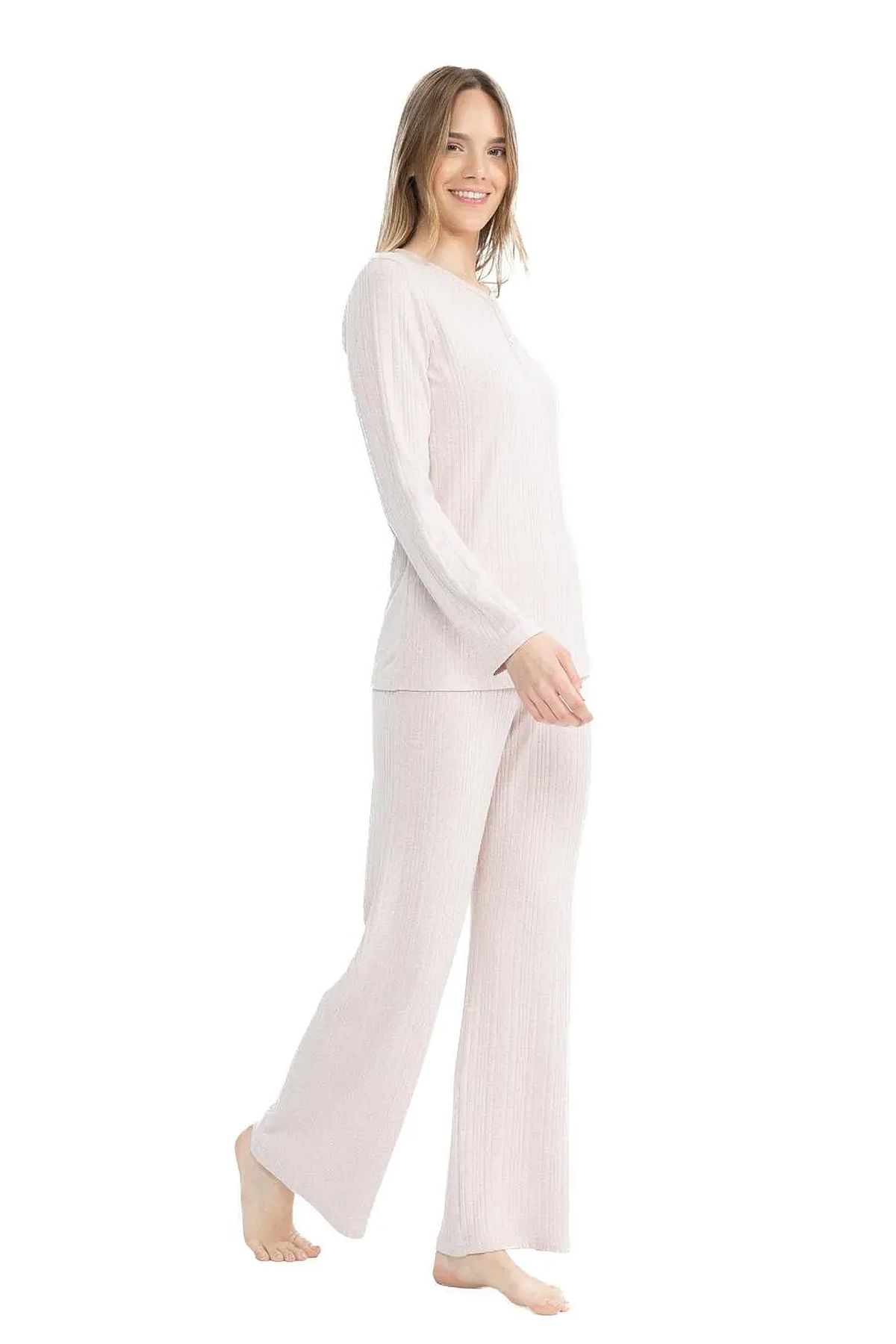 U.s Polo Assn. 17129 Kadın Uzun Kollu Yakası Düğmeli Geniş Paça Rahat Ev Giyim-Pembe