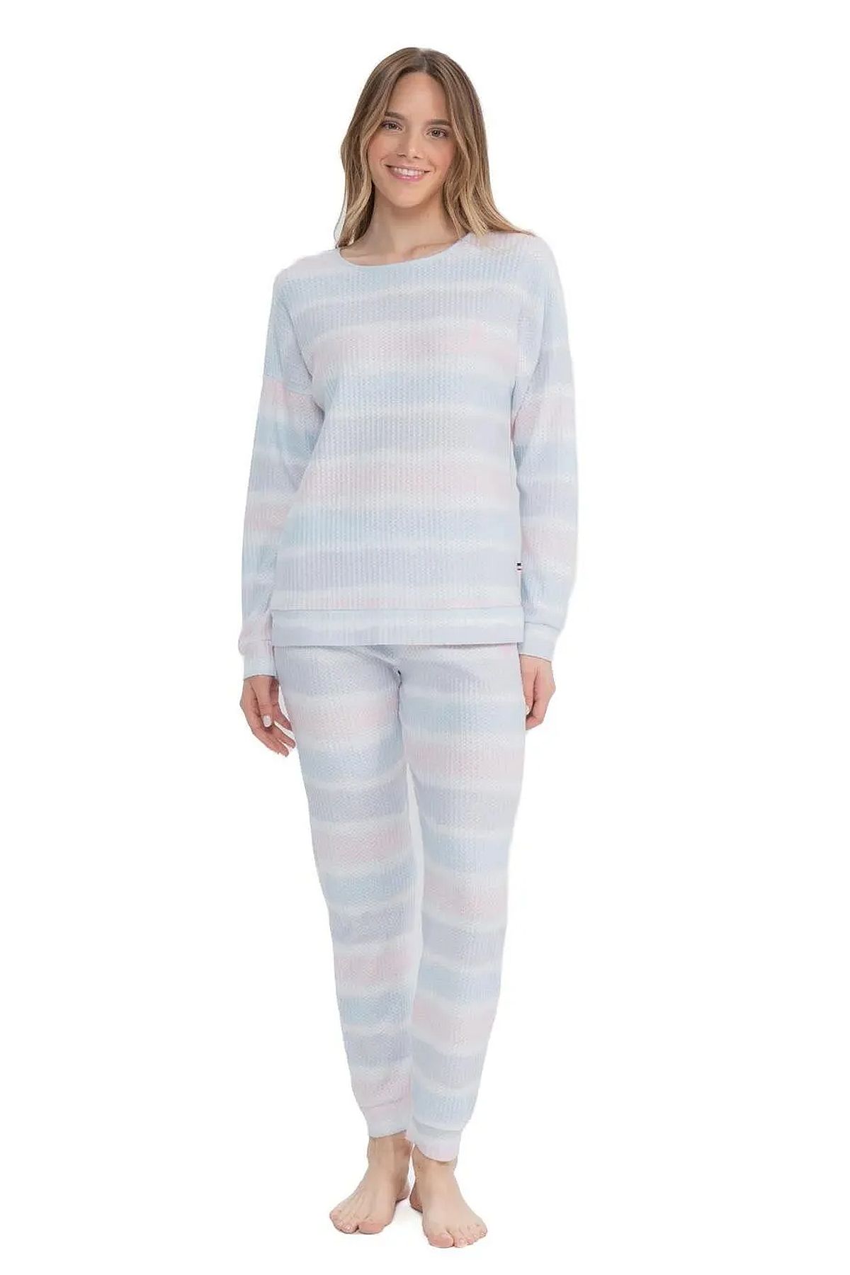 U.s Polo Assn. 17095 Kadın Delikli Polar Waffle Baskılı Uzun Kollu  Paçası Lastikli Rahat Ev Giyim-Baskılı