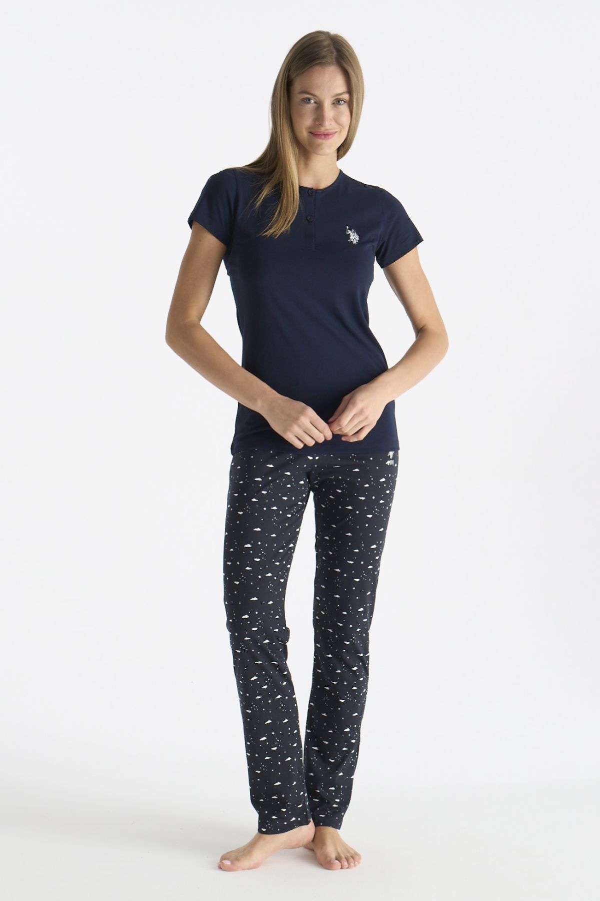 U.s Polo Assn. 20231 Kadın Kısa Kollu Yakası Düğmeli Pijama Takımı-Lacivert