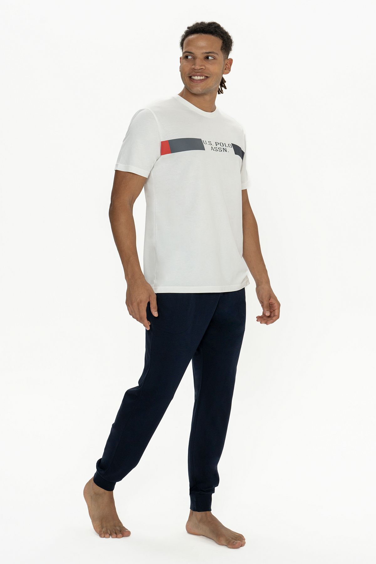 U.s Polo Assn. 18888 Erkek Kısa Kollu Bisiklet Yaka Paçası Lastikli Pijama Takımı-Ekru