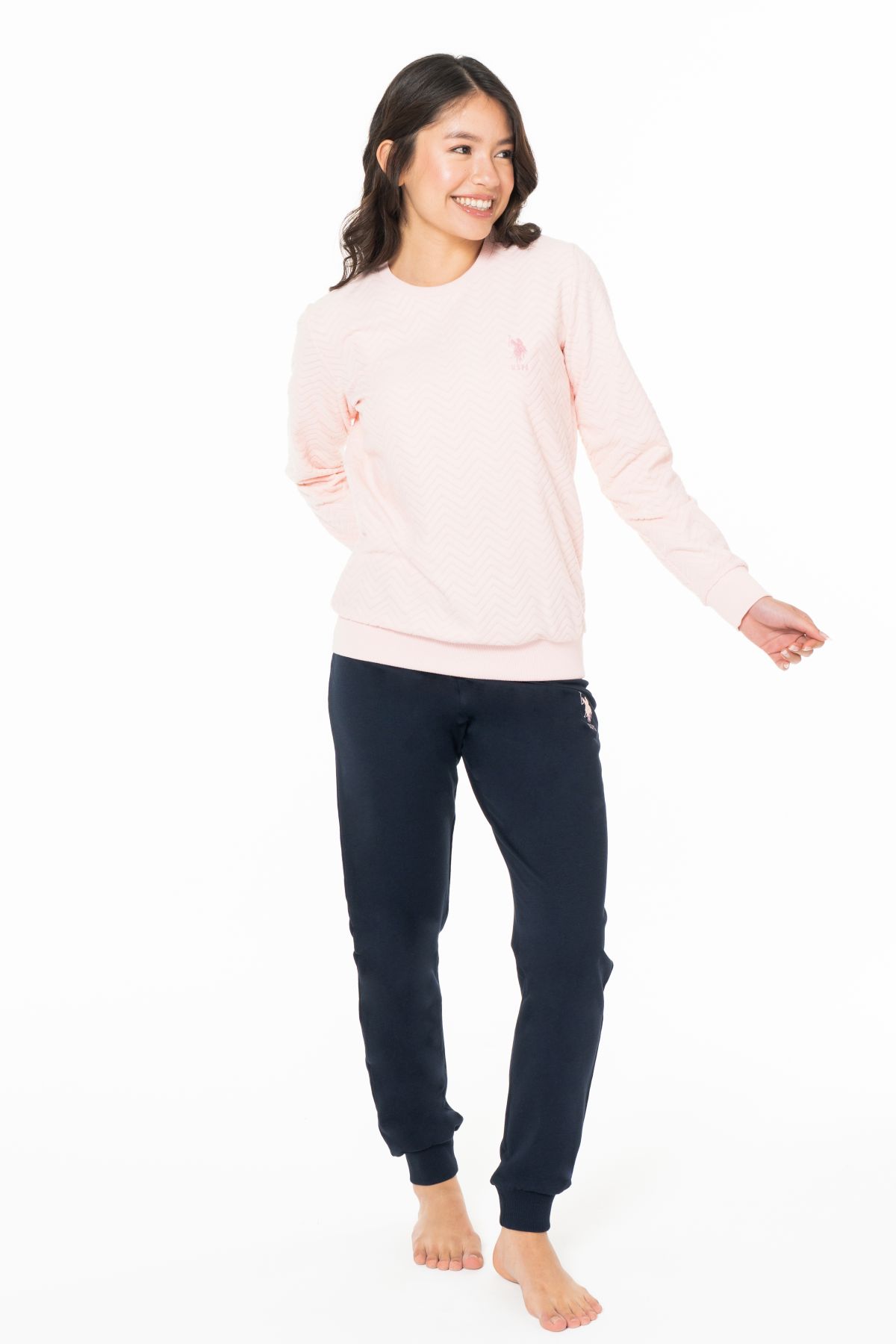 U.s Polo Assn. 20125 Kadın İnce Polar Uzun Kollu Bisiklet Yaka Paçası Bantlı Rahat Ev Giyim-Pembe