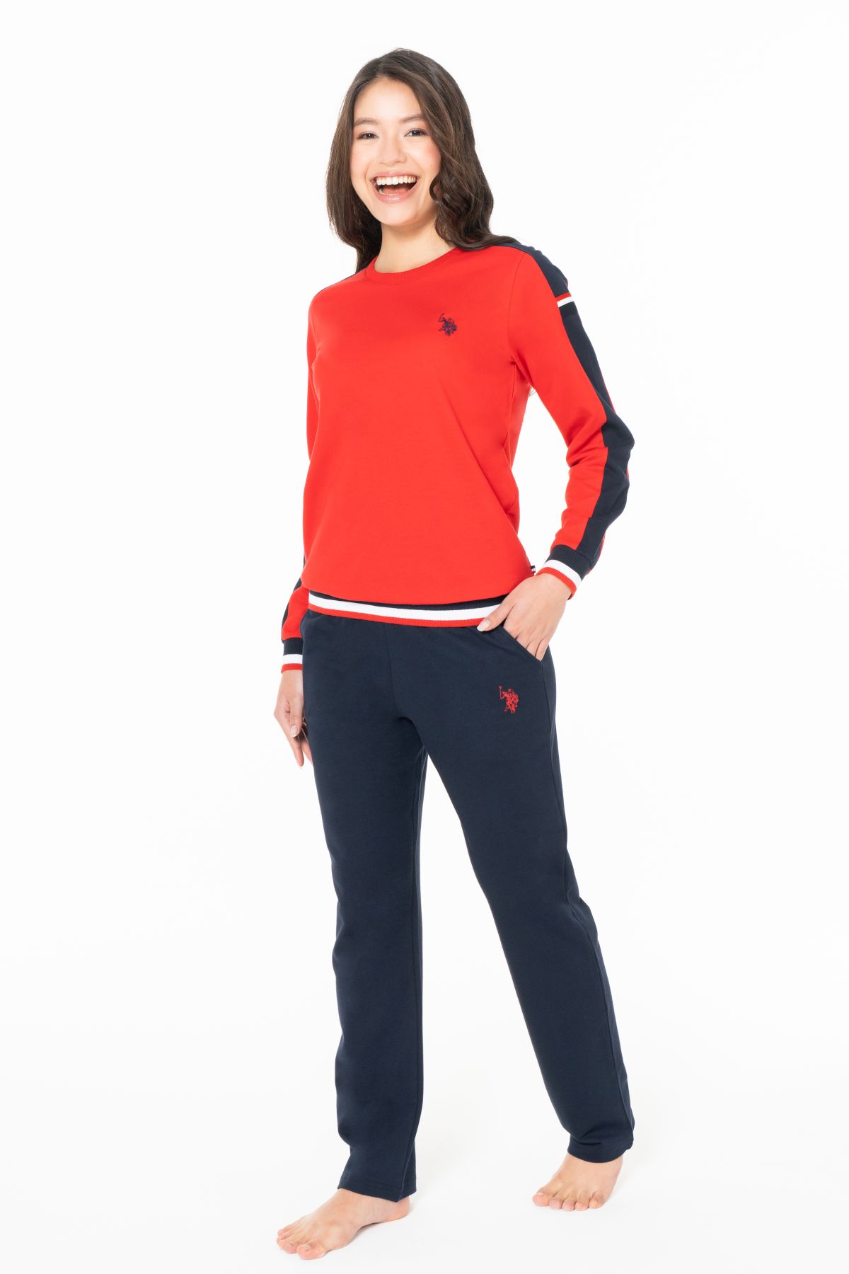 U.s Polo Assn. 20116B Kadın Büyük Beden Uzun Kollu Bisiklet Yaka Rahat Ev Giyim-Kırmızı