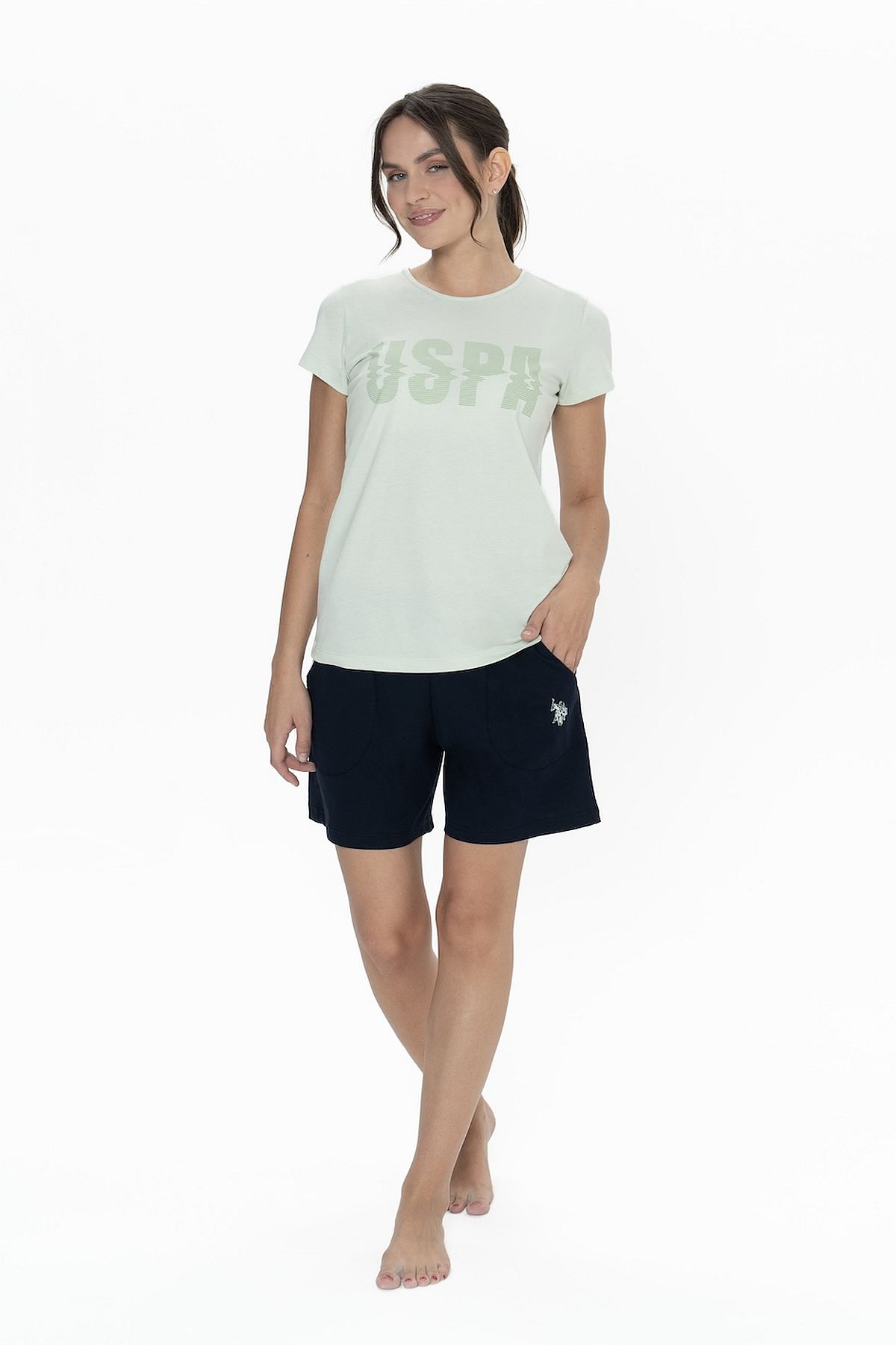 U.s Polo Assn. 20011 Kadın Kısa Kollu Bisiklet Yaka Şortlu Pijama Takımı-Mint