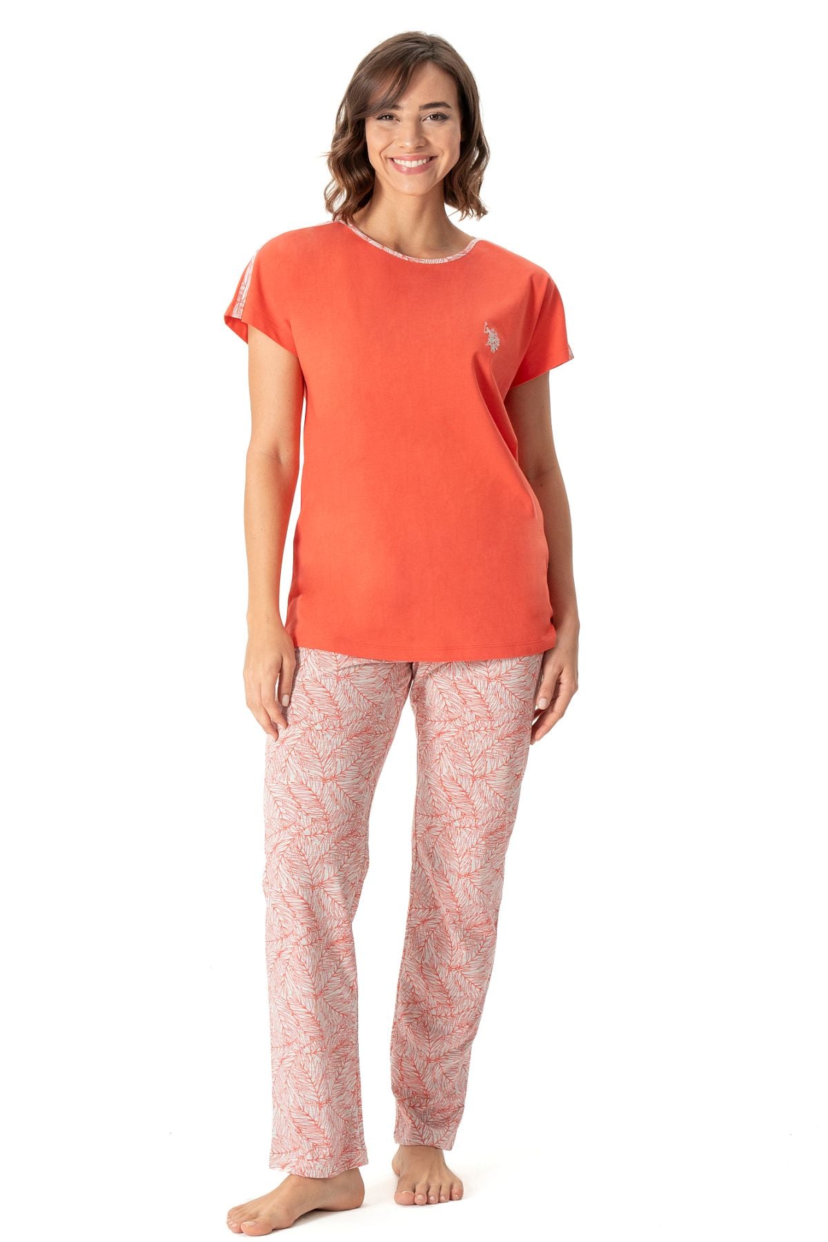 U.s Polo Assn. 17020 Kadın Kısa Kollu Yuvarlak Yaka Pijama Takım-Mercan