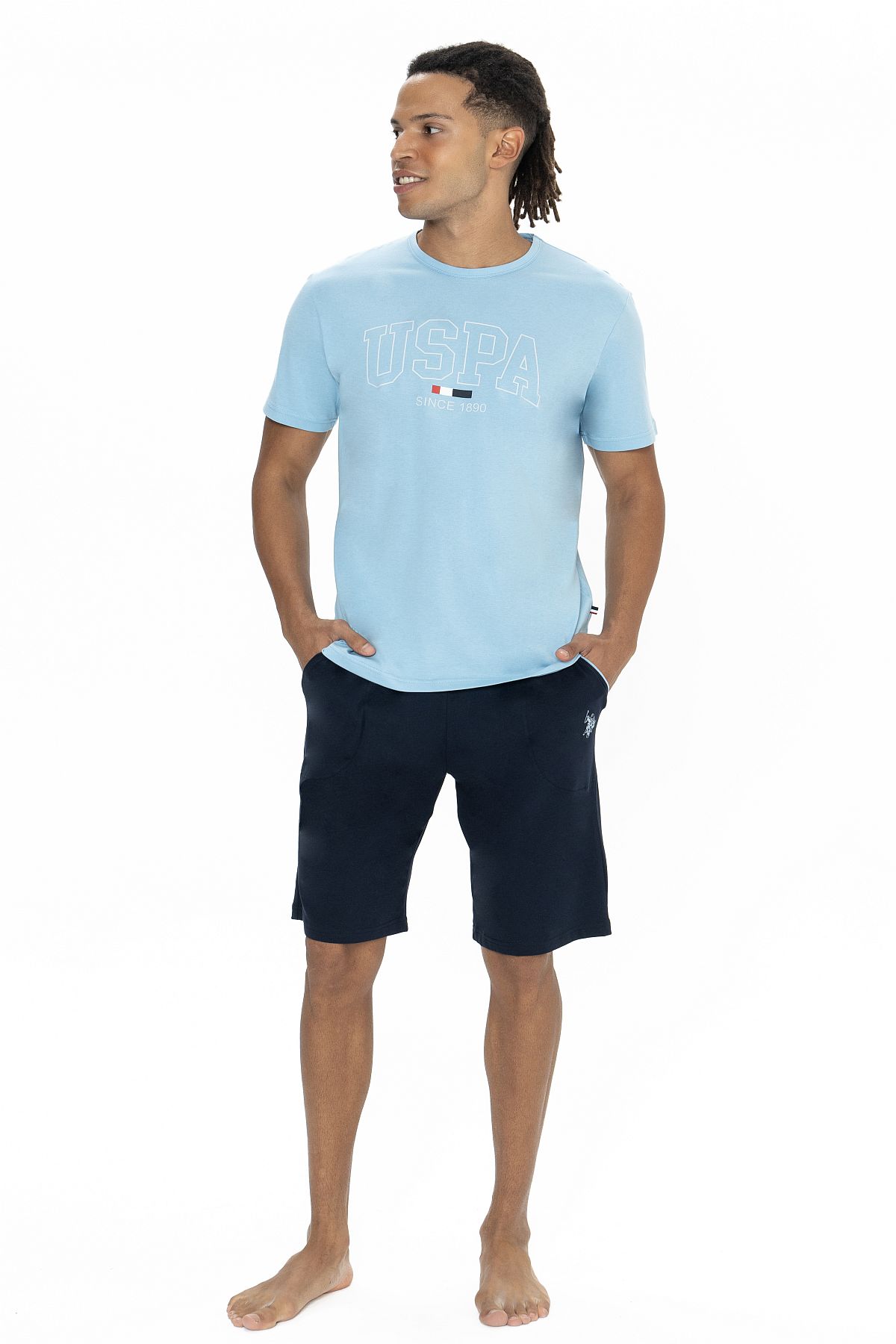 U.s Polo Assn. 18873 Erkek Kısa Kollu Bisiklet Yaka Şortlu Pijama Takımı-Mavi