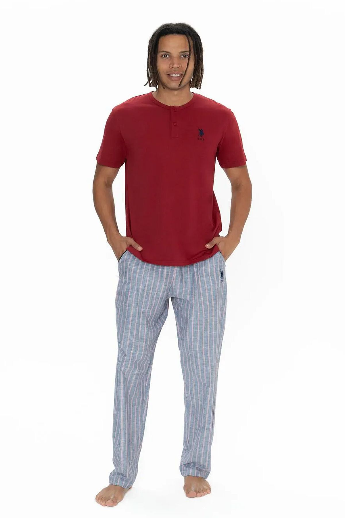 U.s Polo Assn. 18915 Erkek Kısa Kollu Yakası Düğmeli Pijama Takımı-Bordo