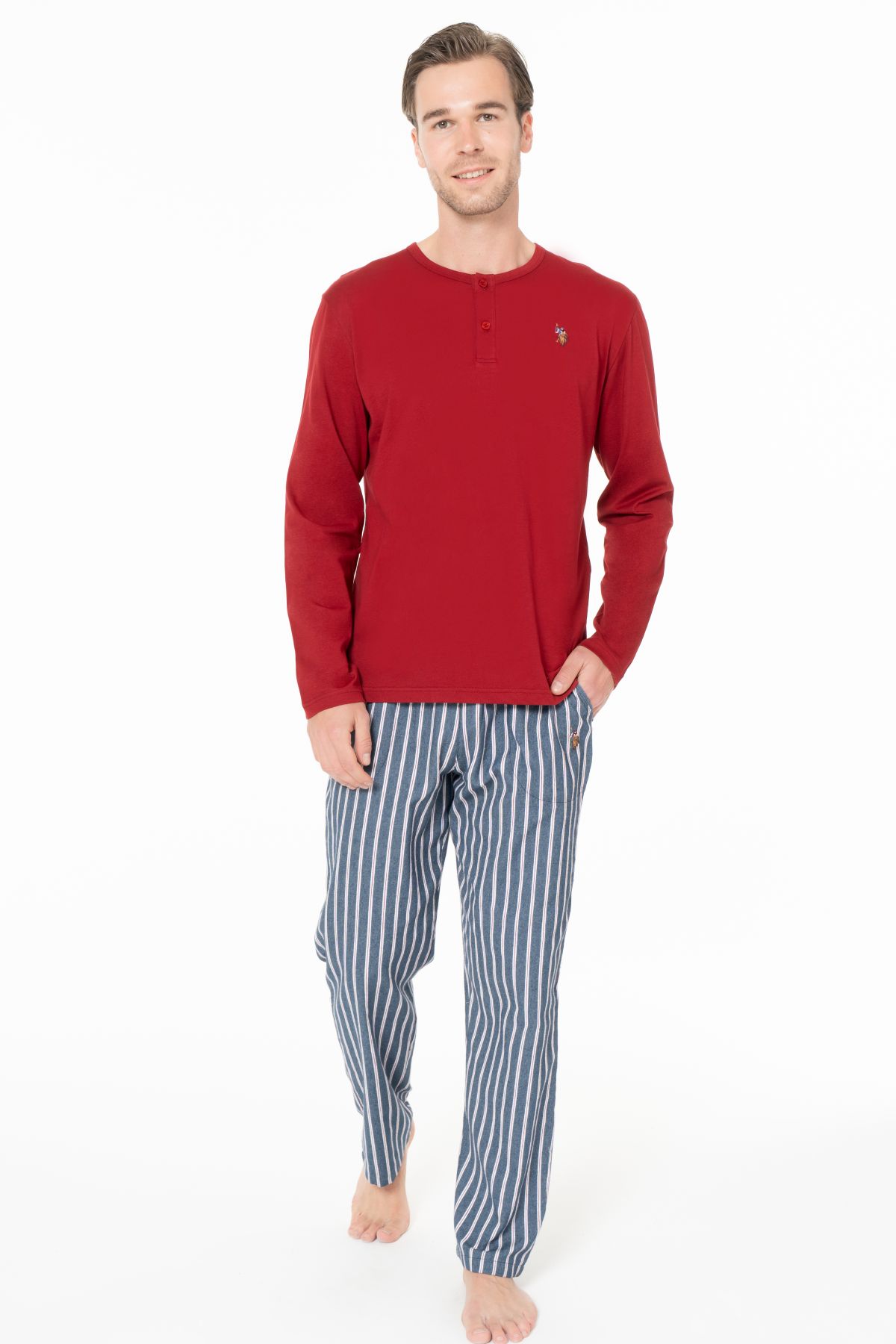 U.s Polo Assn. 18987 Erkek Uzun Kollu Bisiklet Yaka Pijama Takımı-Bordo