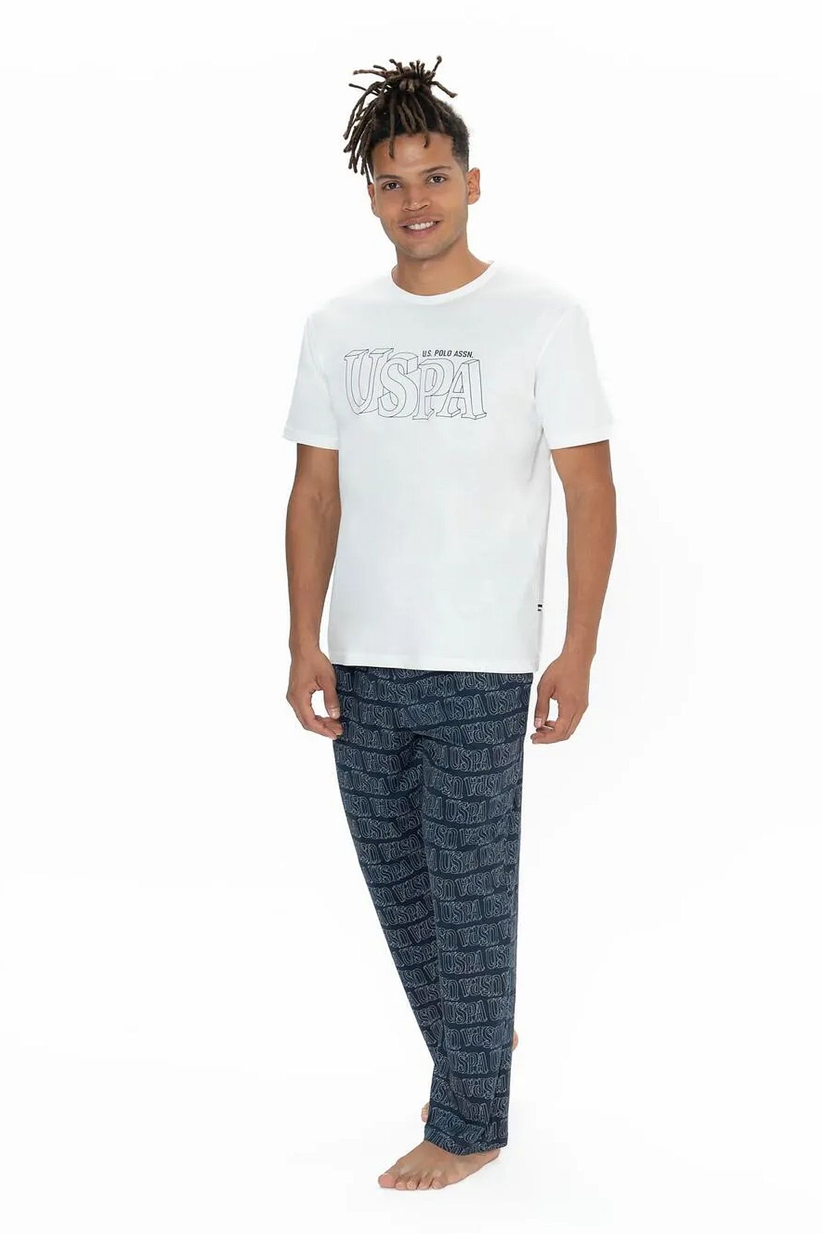 U.s Polo Assn. 18903 Erkek Kısa Kollu Bisiklet Yaka 3lü Pijama Takımı-Ekru