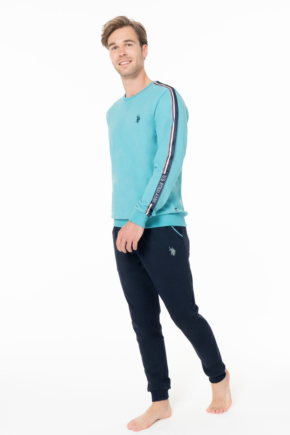 U.s Polo Assn. 18942 Erkek Uzun Kollu Bisiklet Yaka Paçası Bantlı Rahat Ev Giyim-Turkuaz