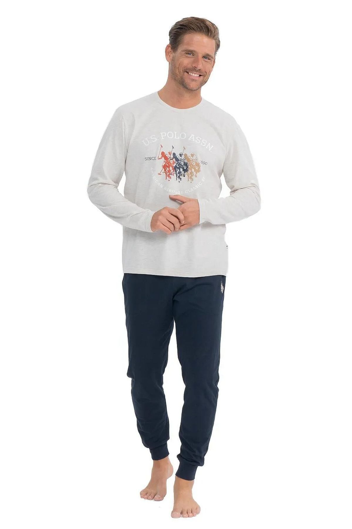 U.s Polo Assn. 18832 Erkek Uzun Kollu Yuvarlak Yaka Paçası Lastikli  Pijama Takımı-Bejmelanj