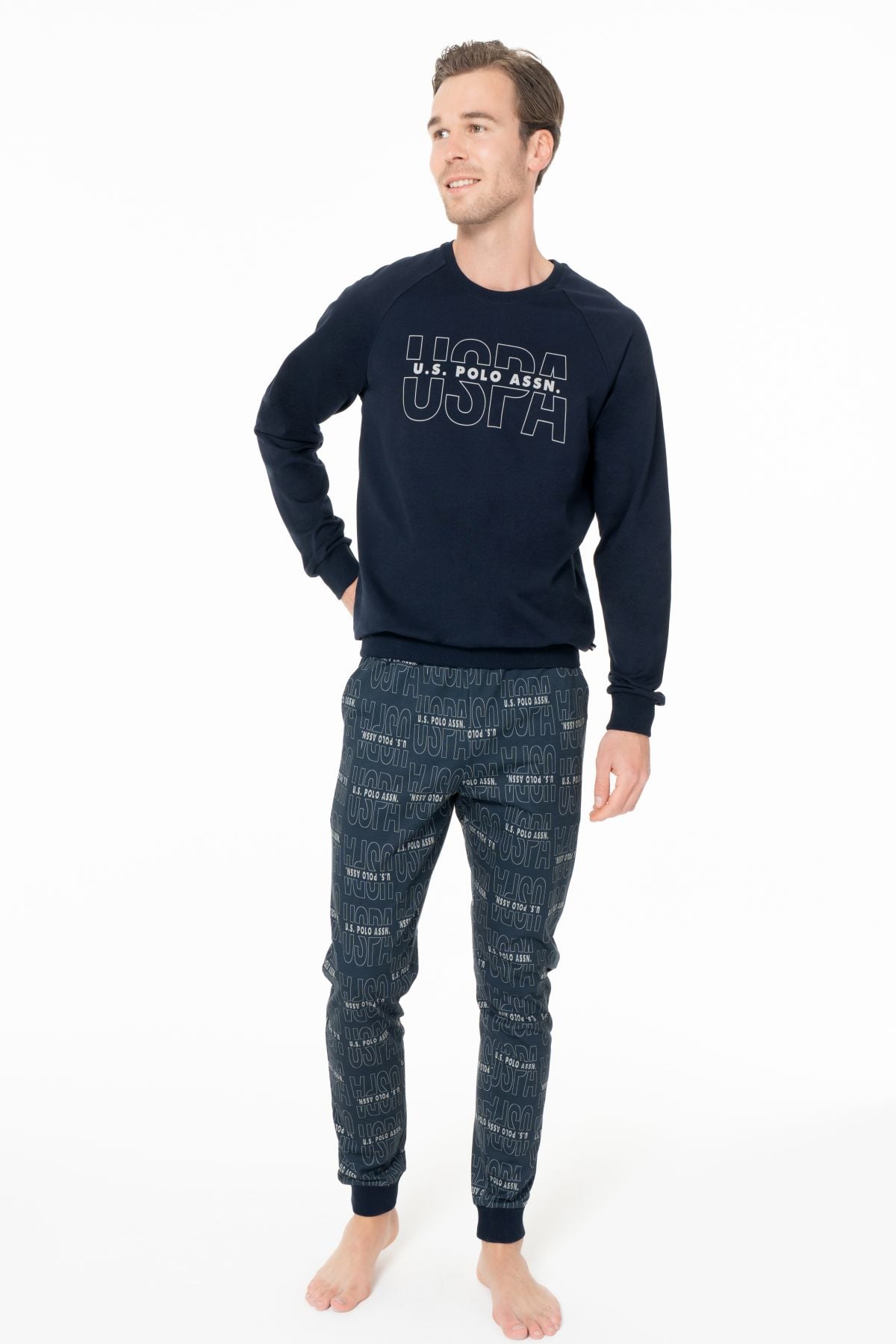 U.s Polo Assn. 18968 Erkek Uzun Kollu Bisiklet Yaka Paçası Bantlı Rahat Ev Giyim-Lacivert
