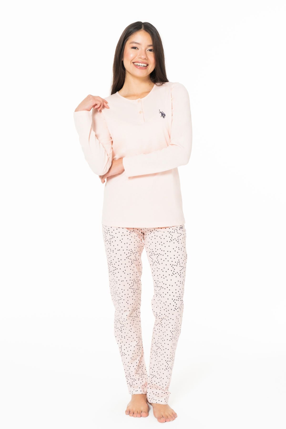 U.s Polo Assn. 20161 Kadın Uzun Kollu Düğmeli Bisiklet Yaka Pijama Takımı-Somon