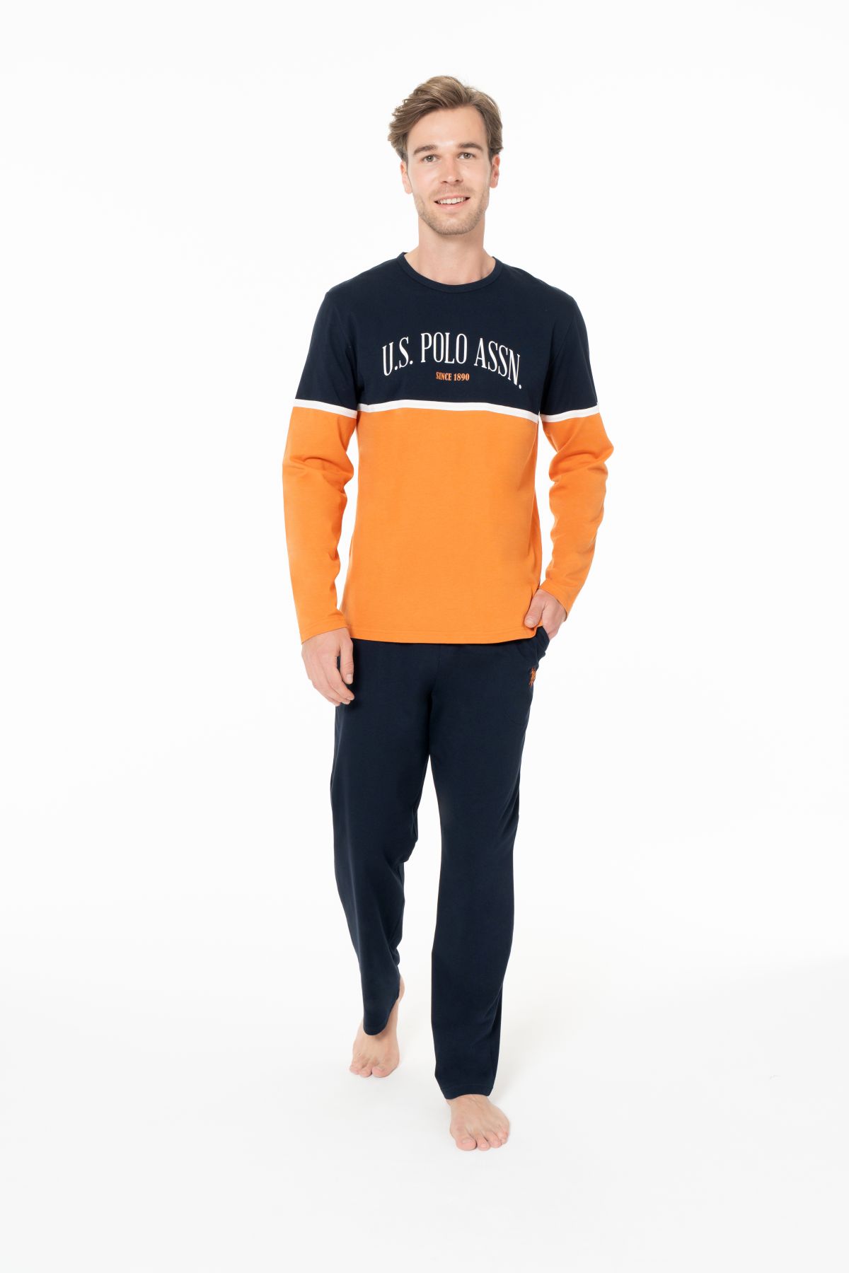 U.s Polo Assn. 18952 Erkek Uzun Kollu Bisiklet Yaka Pijama Takımı-Turuncu
