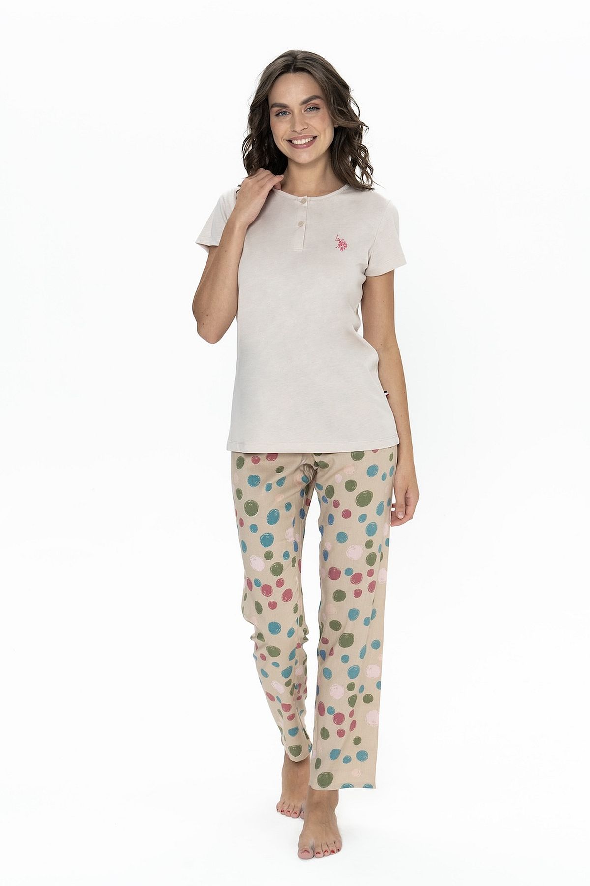 U.s Polo Assn. 20094 Kadın Kısa Kollu Yakası Yarım Düğmeli Pijama Takımı-Bej