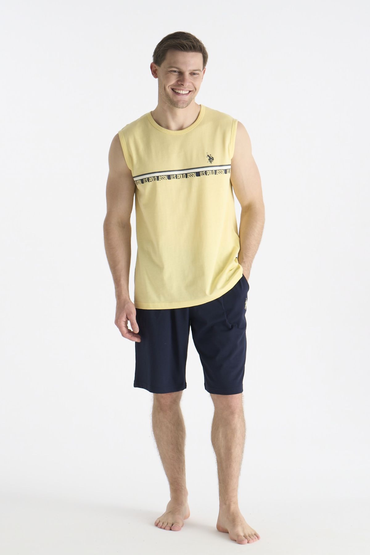 U.s Polo Assn. 19020 Erkek Kolsuz Bisiklet Yaka Şortlu Pijama Takımı-Sarı