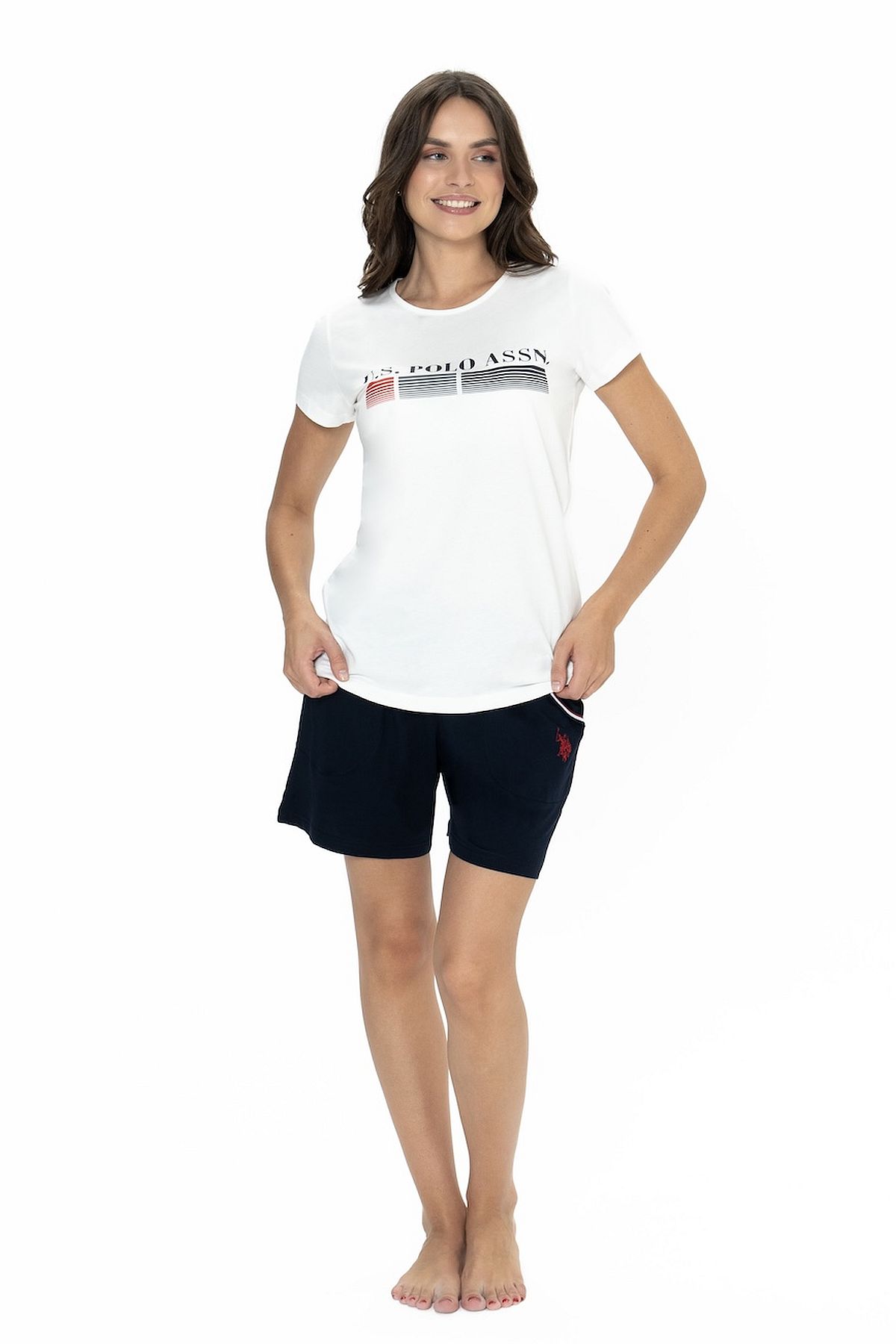 U.s Polo Assn. 20004 Kadın Kısa Kollu Bisiklet Yaka Şortlu Pijama Takımı-Ekru