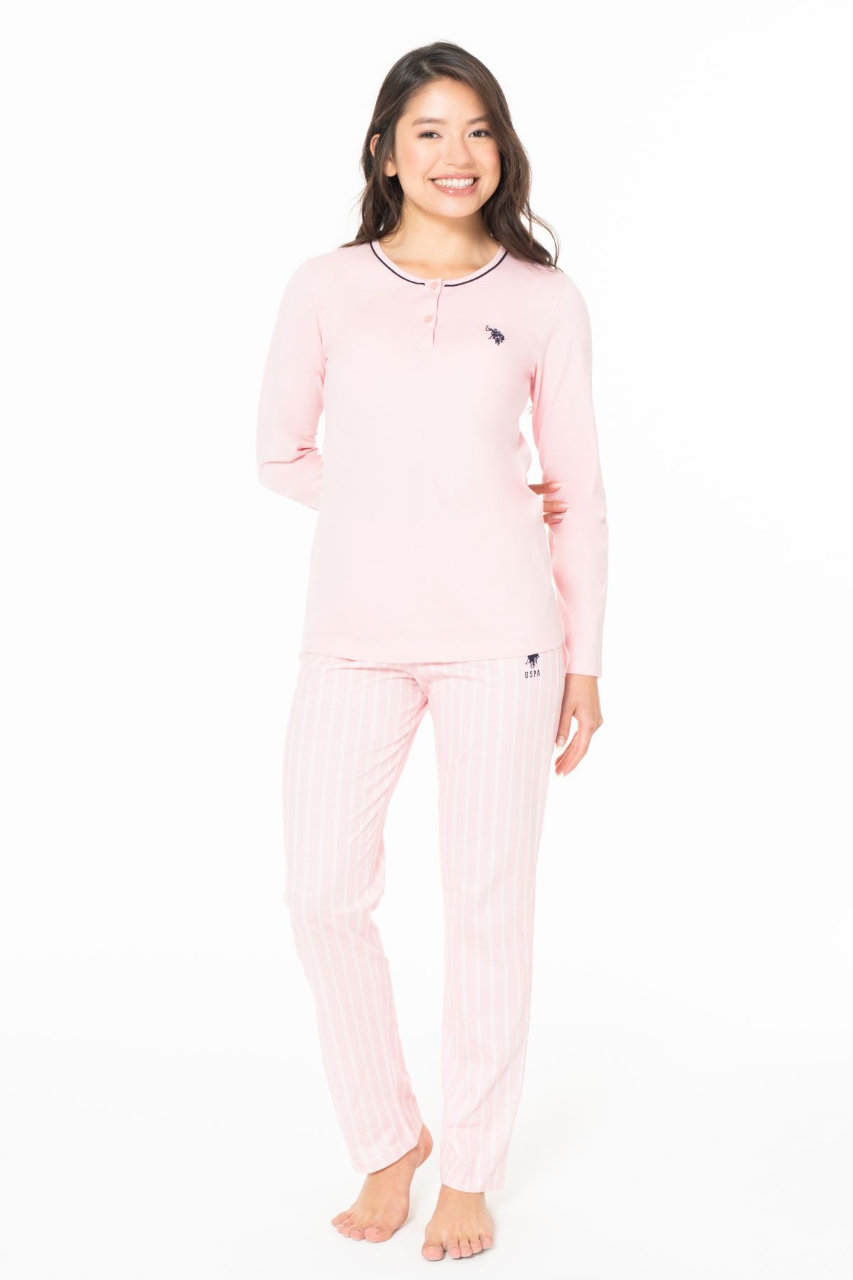 U.s Polo Assn. 20141 Kadın Uzun Kollu Düğmeli Bisiklet Yaka Pijama Takımı-Pembe