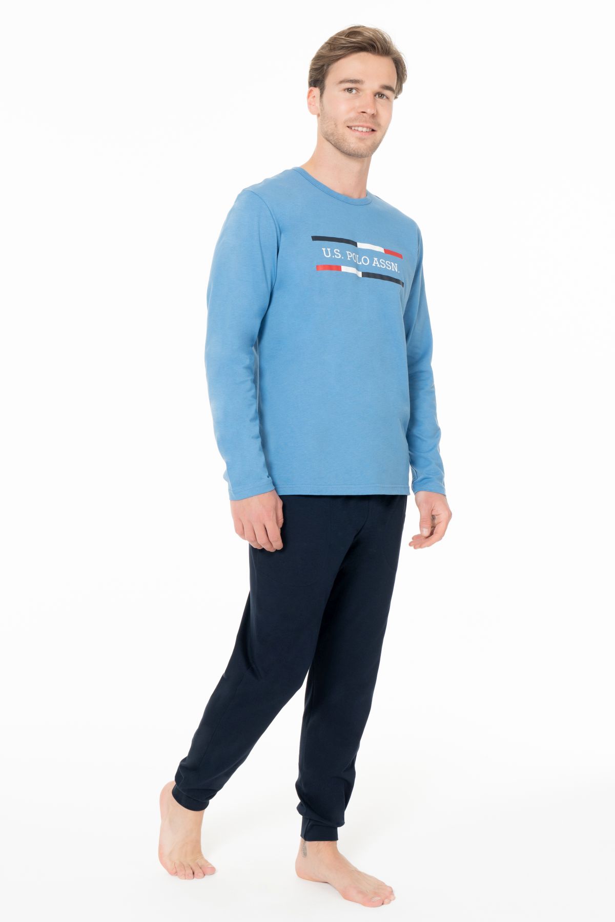 U.s Polo Assn. 18951 Erkek Uzun Kollu Bisiklet Yaka Paçası Bantlı Pijama Takımı-Mavi