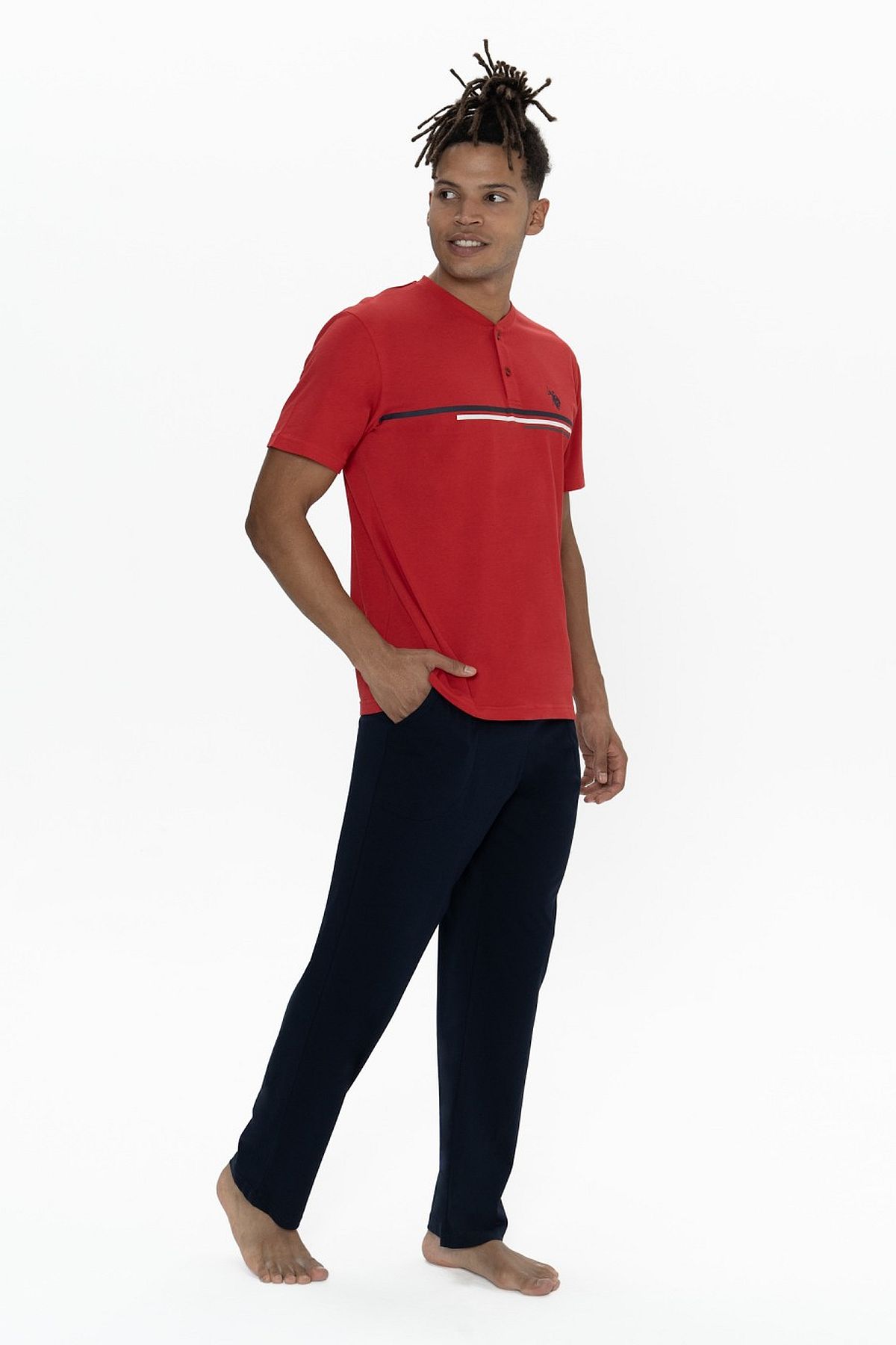 U.s Polo Assn. 18901 Erkek Kısa Kollu Yakası Düğmeli Pijama Takımı-Kırmızı