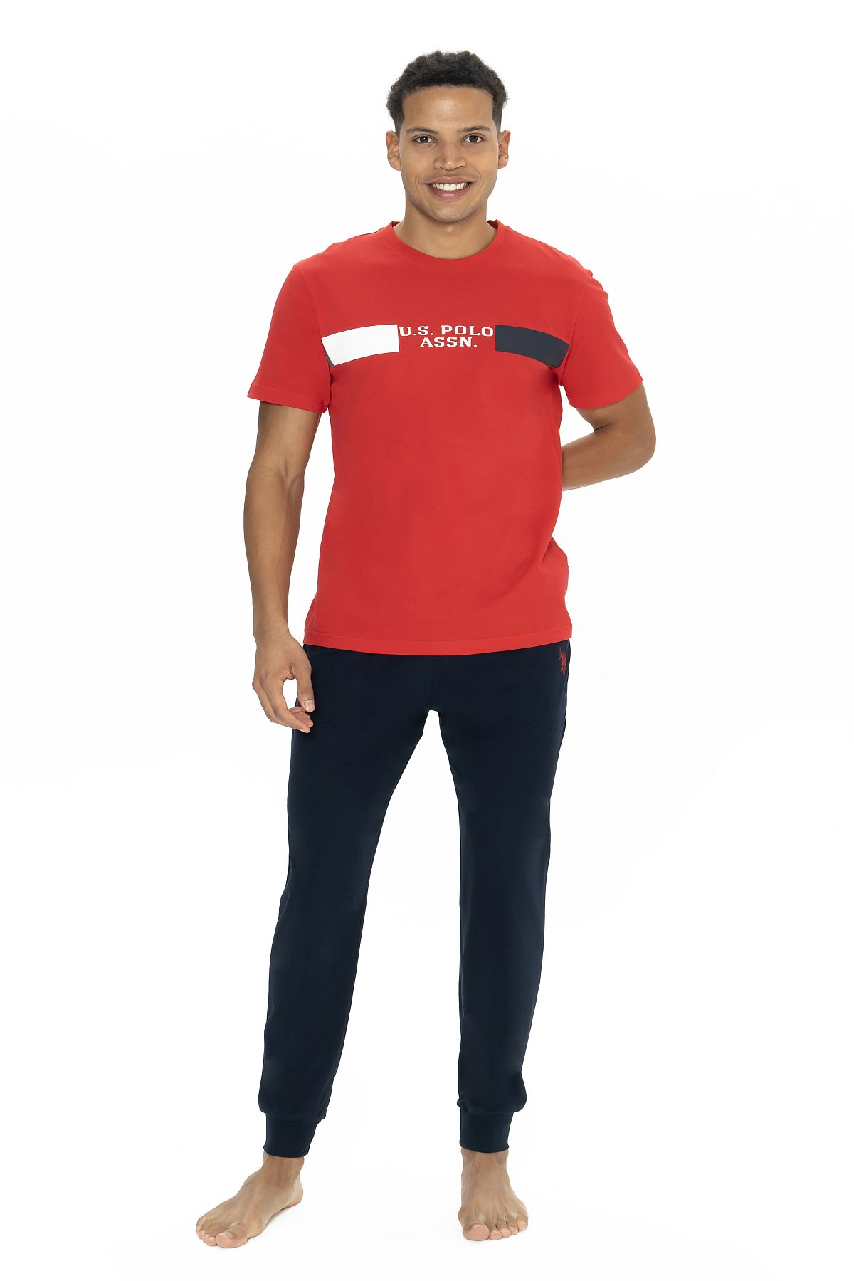 U.s Polo Assn. 18888 Erkek Kısa Kollu Bisiklet Yaka Paçası Lastikli Pijama Takımı-Kırmızı