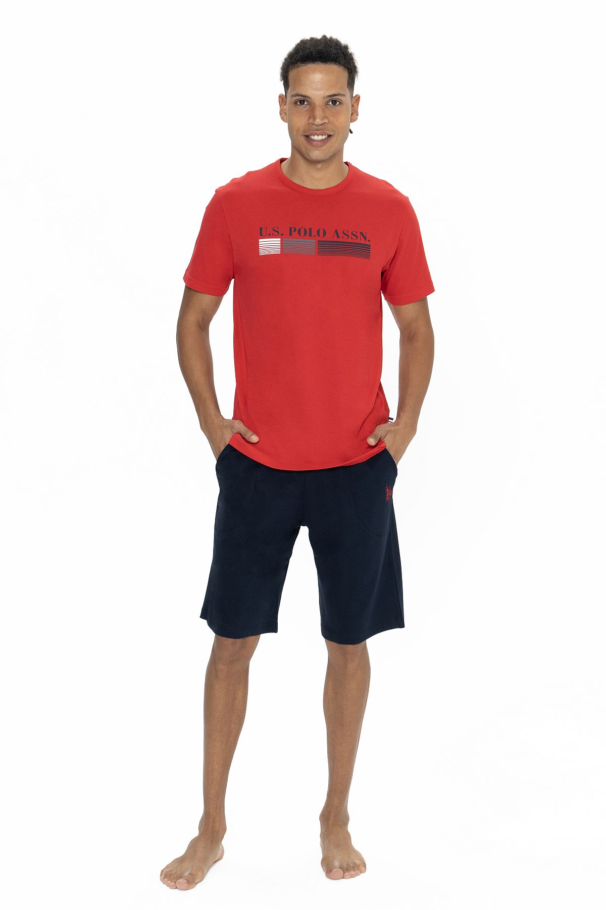 U.s Polo Assn. 18871 Erkek Kısa Kollu Bisiklet Yaka Şortlu Pijama Takımı-Kırmızı