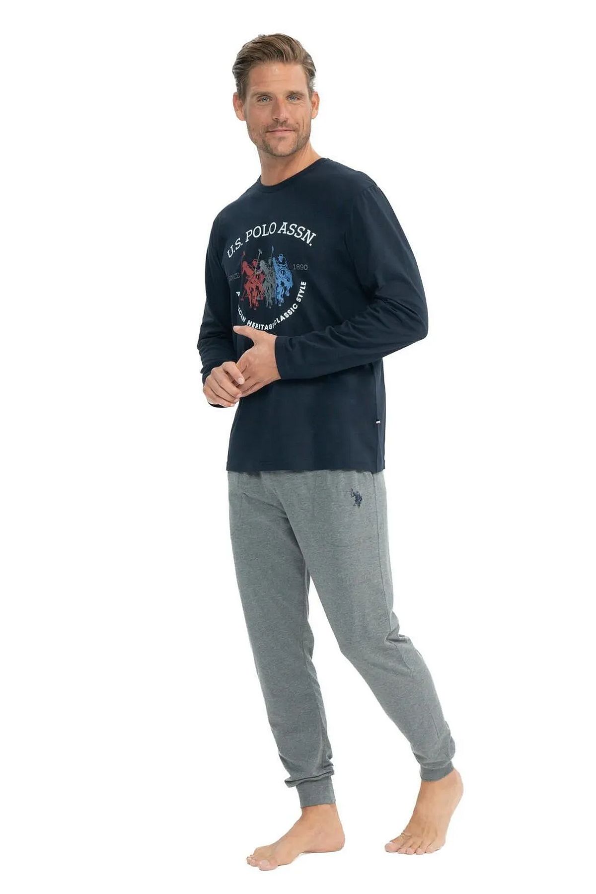U.s Polo Assn. 18832 Erkek Uzun Kollu Yuvarlak Yaka Paçası Lastikli  Pijama Takımı-Lacivert