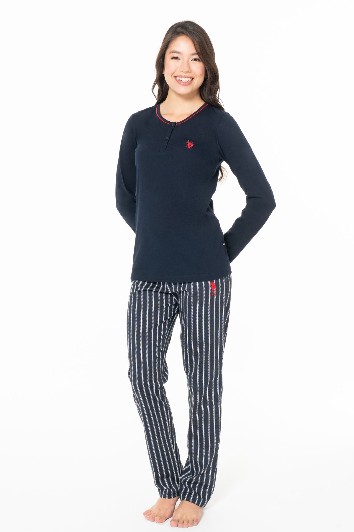 U.s Polo Assn. 20141 Kadın Uzun Kollu Düğmeli Bisiklet Yaka Pijama Takımı-Lacivert