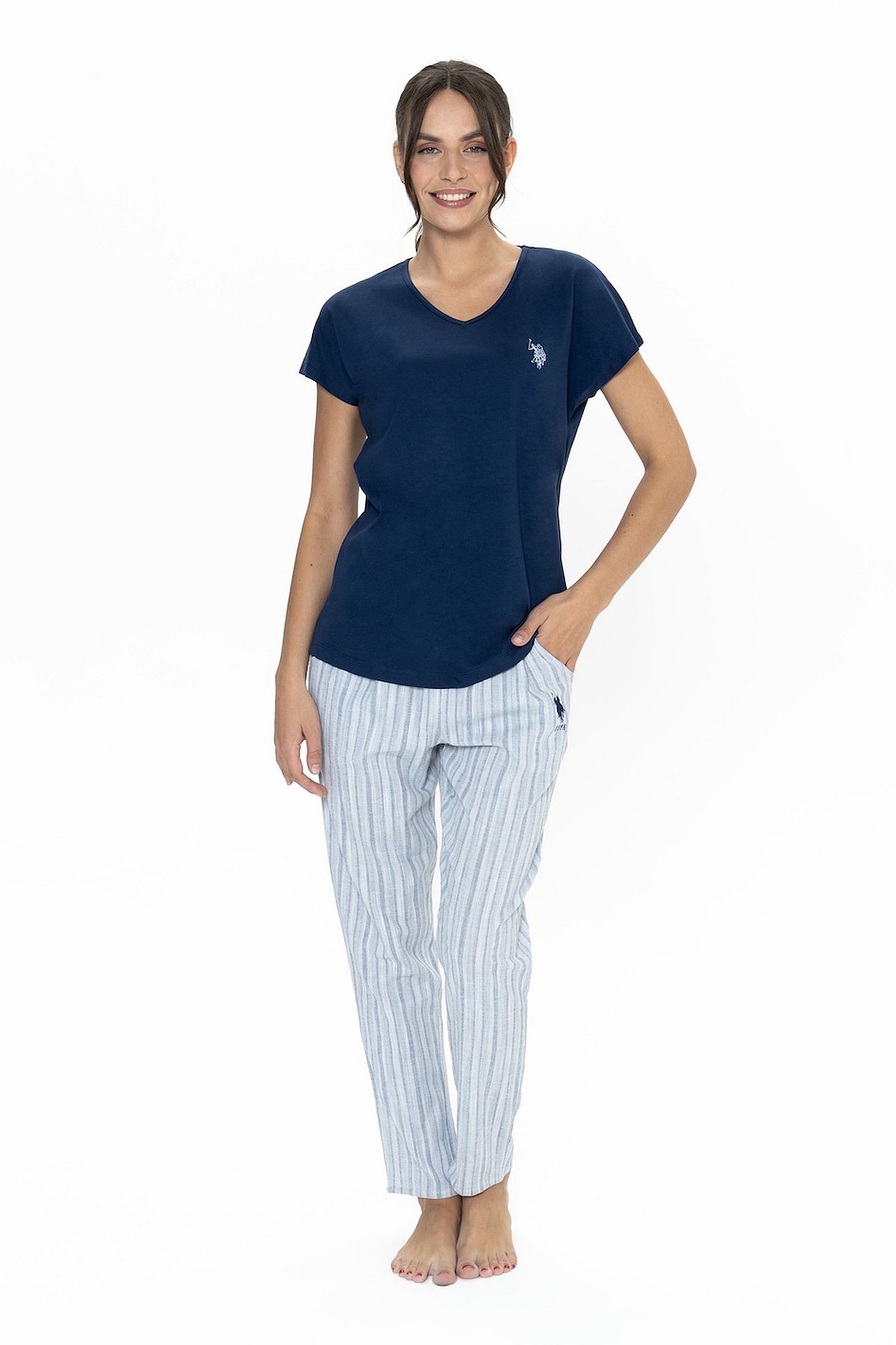 U.s Polo Assn. 20019 Kadın Kısa Kollu V Yaka Pijama Takımı-Lacivert