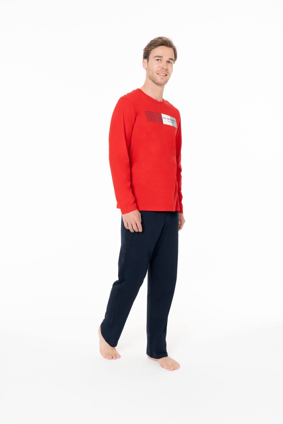 U.s Polo Assn. 18945 Erkek Uzun Kollu Bisiklet Yaka Pijama Takımı-Kırmızı