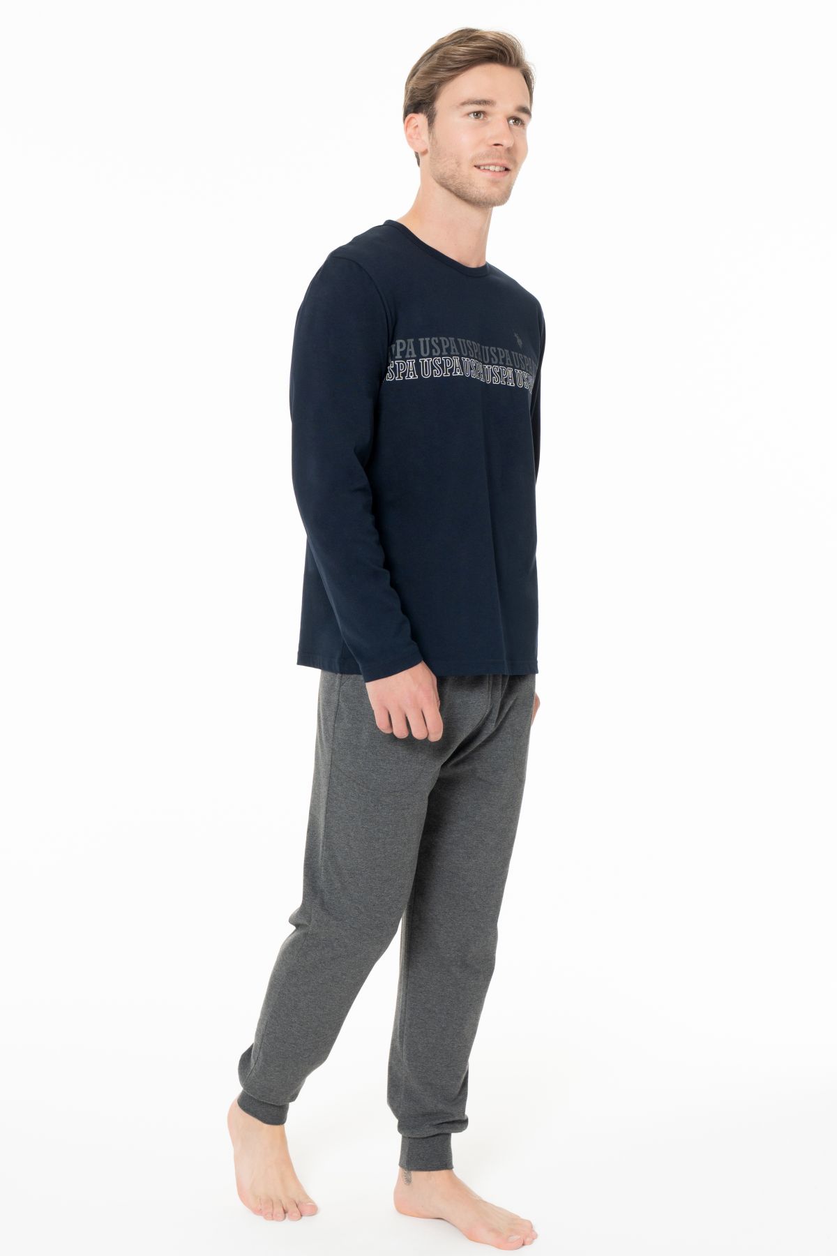 U.s Polo Assn. 18953 Erkek Uzun Kollu Bisiklet Yaka Paçası Bantlı Pijama Takımı-Lacivert