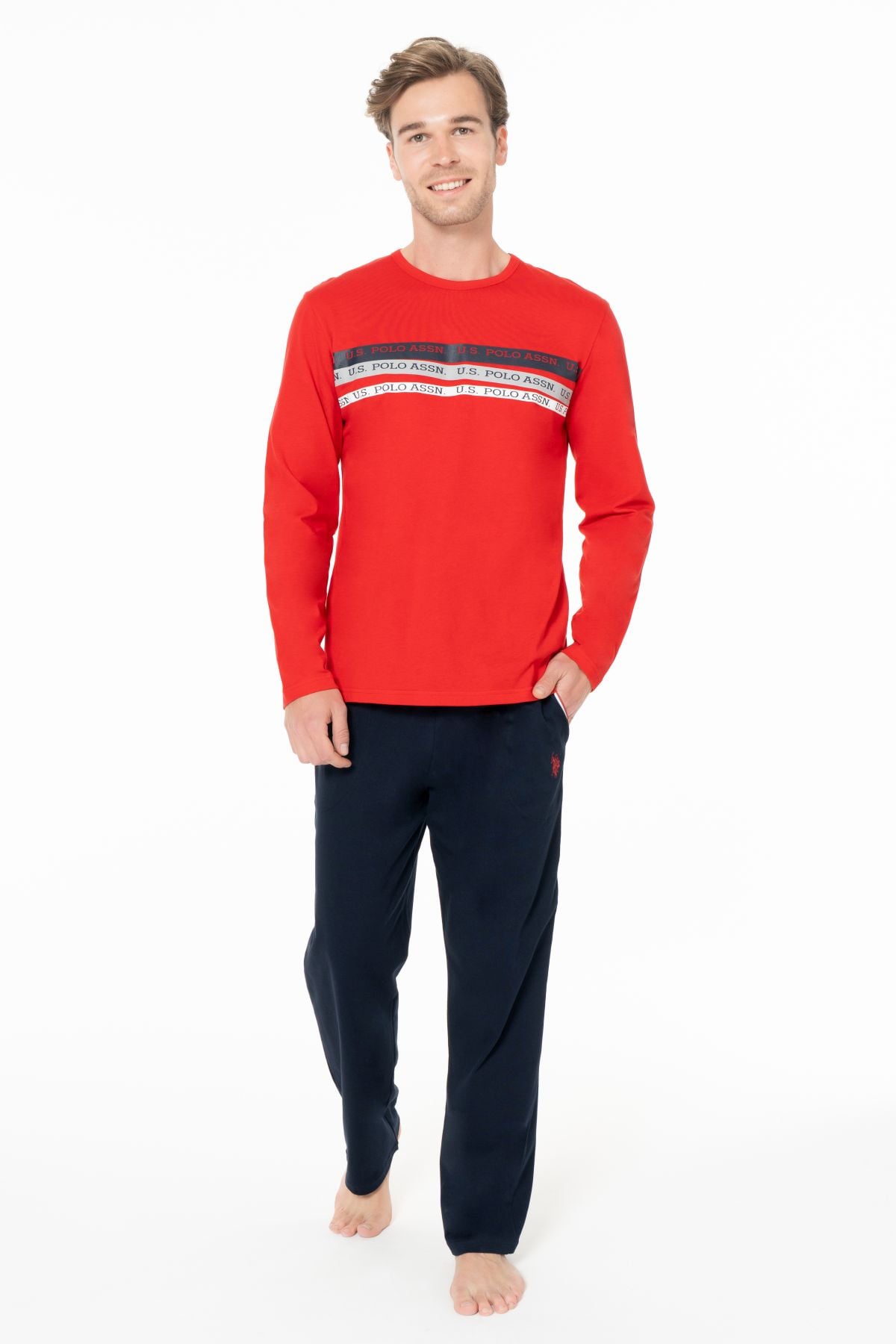 U.s Polo Assn. 18947 Erkek Uzun Kollu Bisiklet Yaka Pijama Takımı-Kırmızı