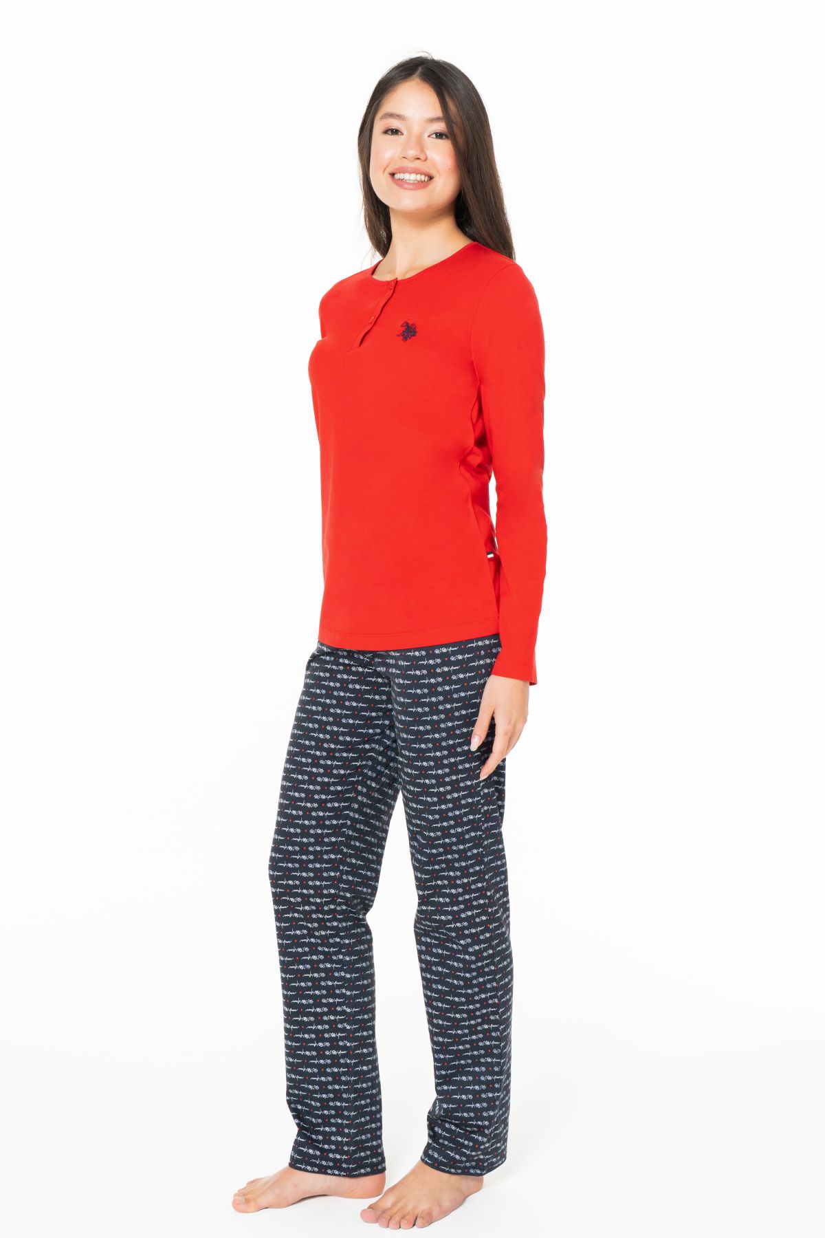 U.s Polo Assn. 20146 Kadın Uzun Kollu Düğmeli Bisiklet Yaka Pijama Takımı-Kırmızı