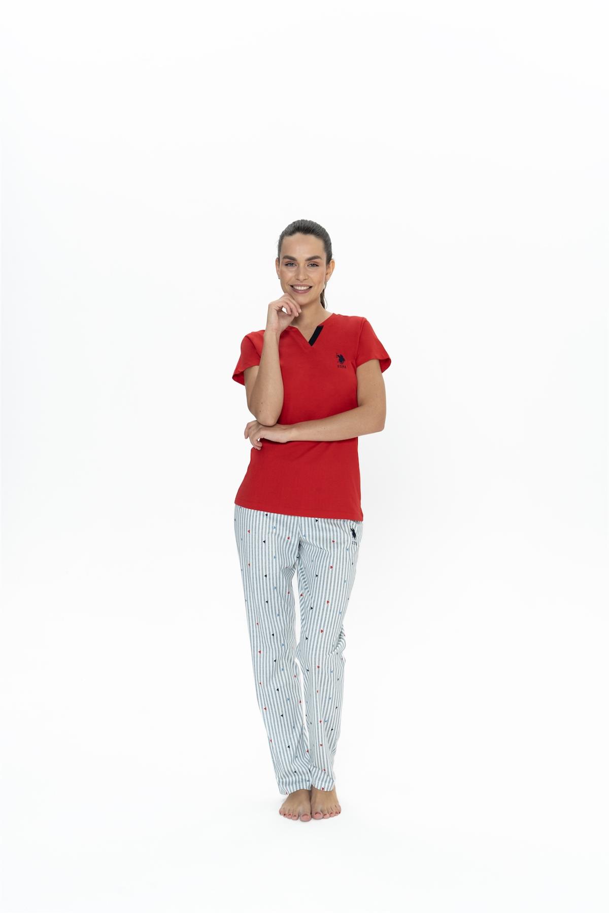 U.s Polo Assn. 20060 Kadın Kısa Kollu V Yaka Pijama Takımı-Kırmızı