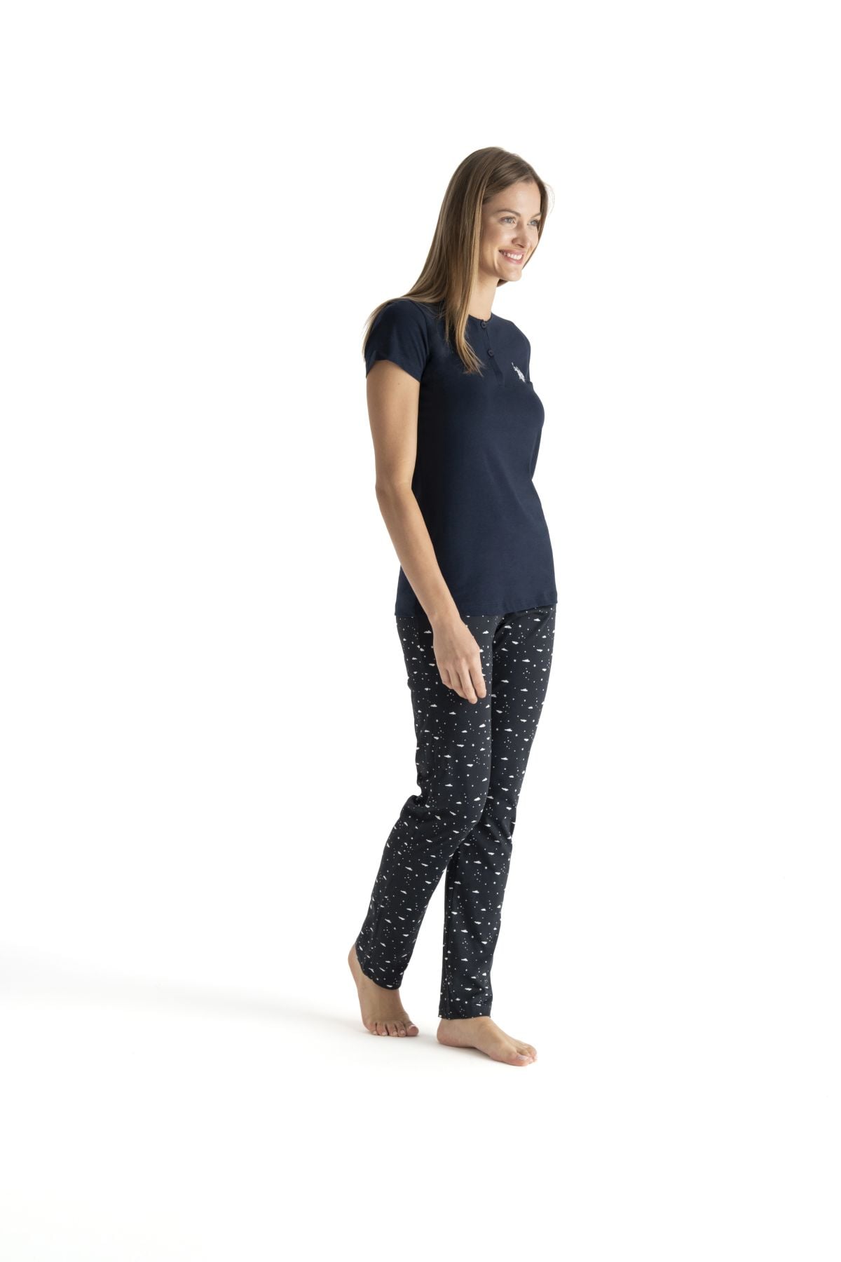 U.s Polo Assn. 20231 Kadın Kısa Kollu Yakası Düğmeli Pijama Takımı-Lacivert