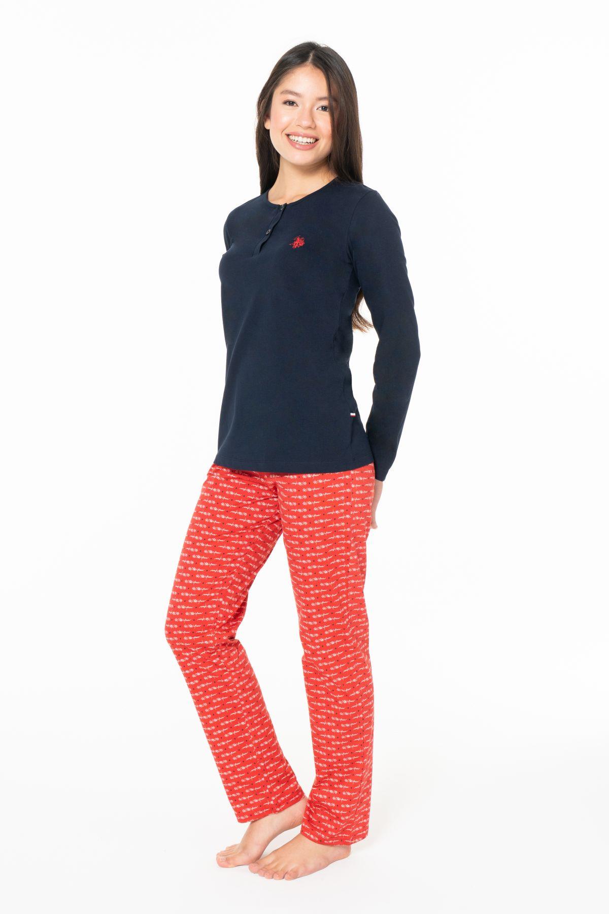 U.s Polo Assn. 20146 Kadın Uzun Kollu Düğmeli Bisiklet Yaka Pijama Takımı-Lacivert