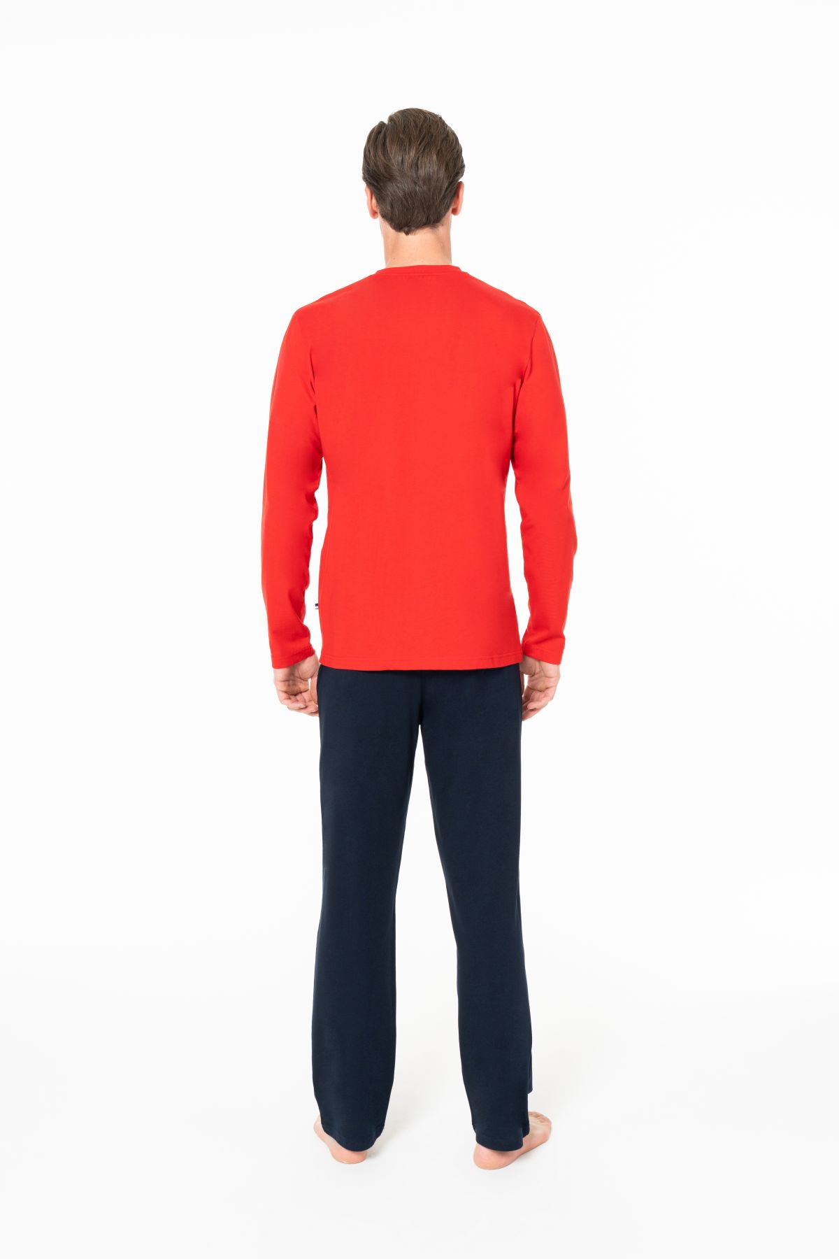 U.s Polo Assn. 18959B Erkek Büyük Beden Uzun Kollu Yakası Üç Düğmeli Pijama Takımı-Kırmızı