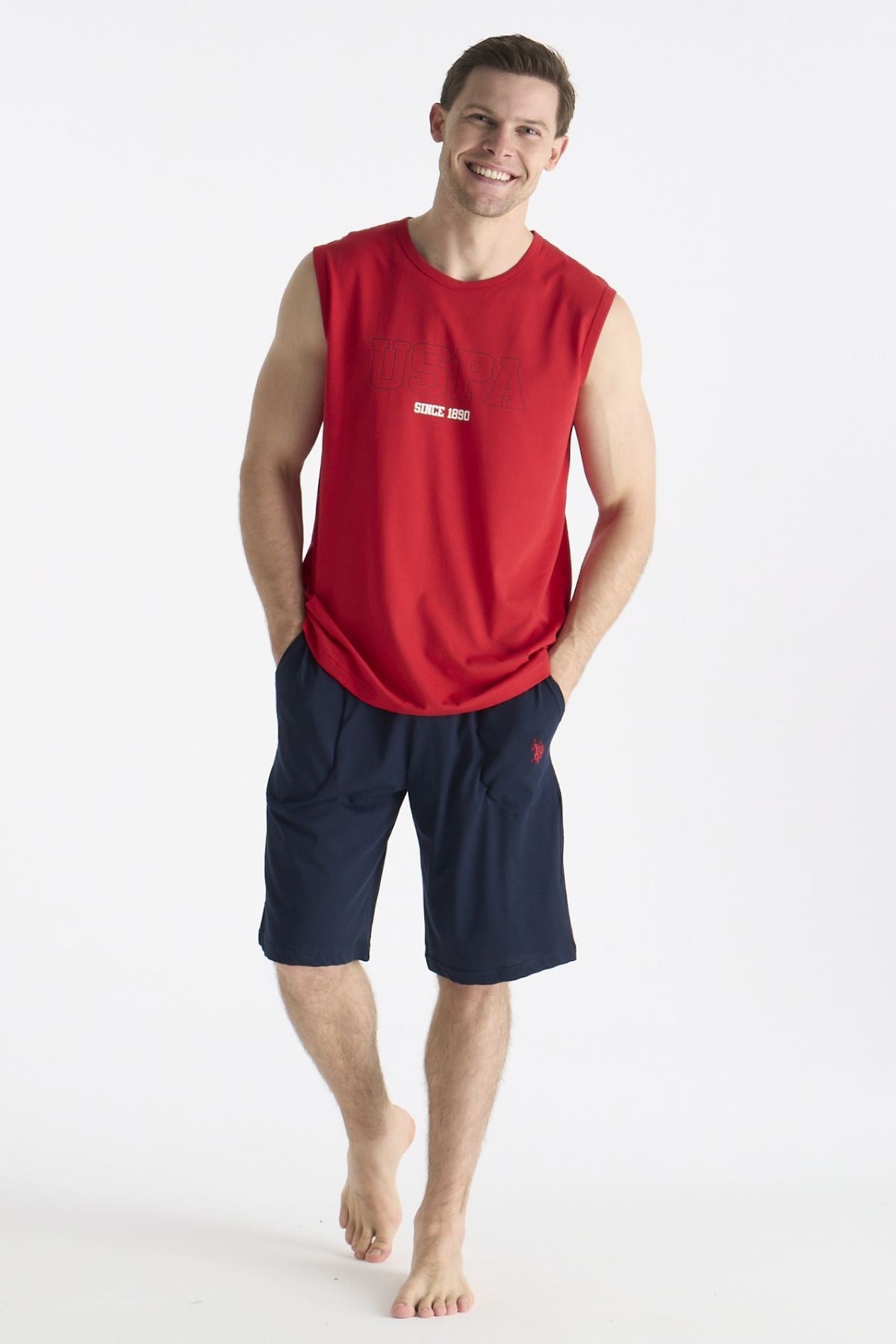 U.s Polo Assn. 19010 Erkek Sıfır Kollu Şortlu Pijama Takımı-Kırmızı