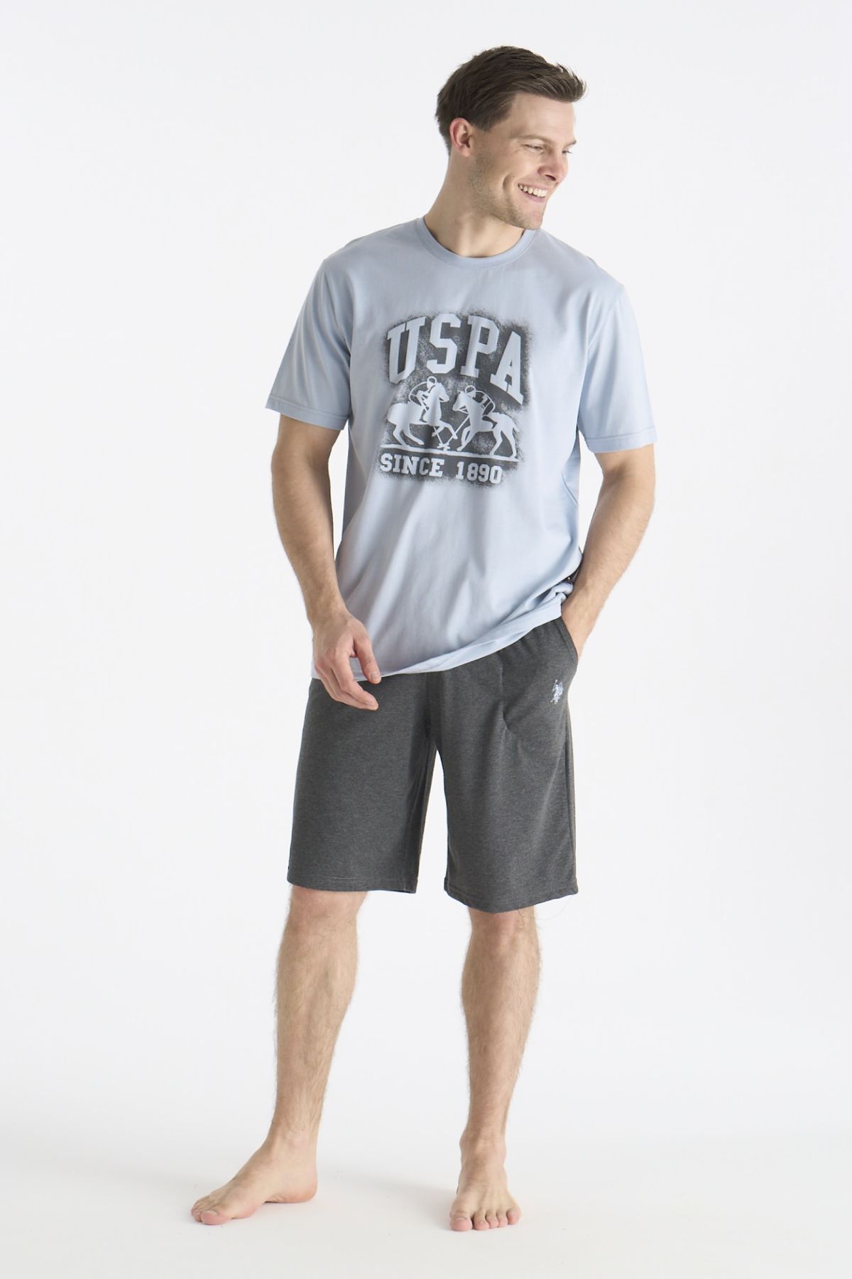 U.s Polo Assn. 19016 Erkek Kısa Kollu Bisiklet Yaka Şortlu Pijama Takımı-Mavi