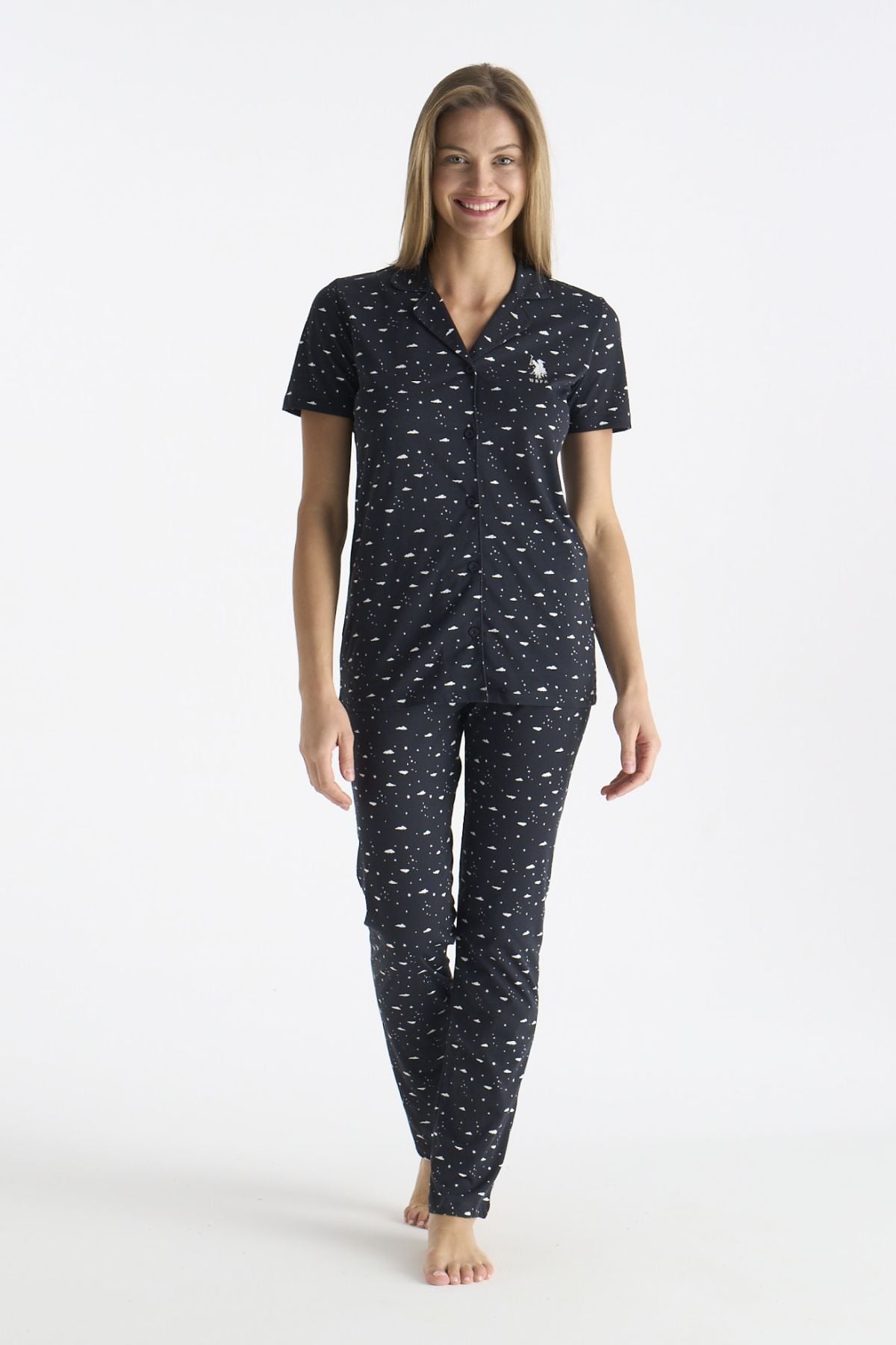 U.s Polo Assn. 20233 Kadın Kısa Kollu Önden Düğmeli Pijama Takımı-Lacivert