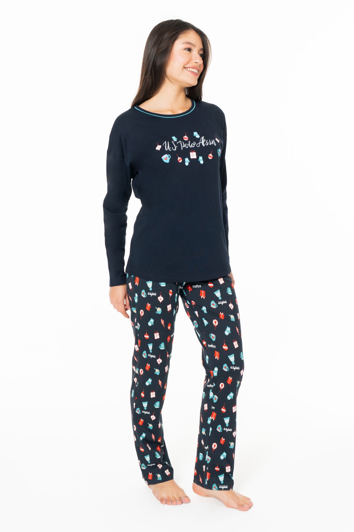 U.s Polo Assn. 20167 Kadın Uzun Kollu Bisiklet Yaka Pijama Takımı-Lacivert