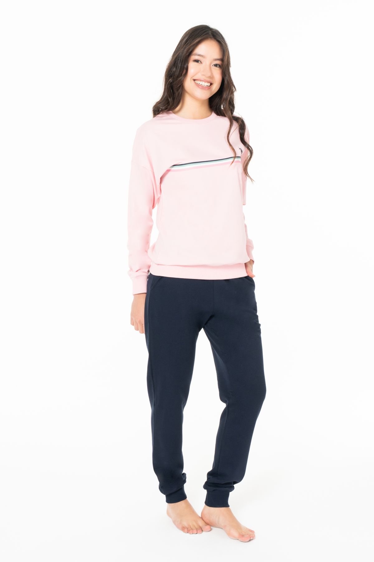 U.s Polo Assn. 20121 Kadın Uzun Kollu Bisiklet Yaka Paçası Bantlı Rahat Ev Giyim-Pembe