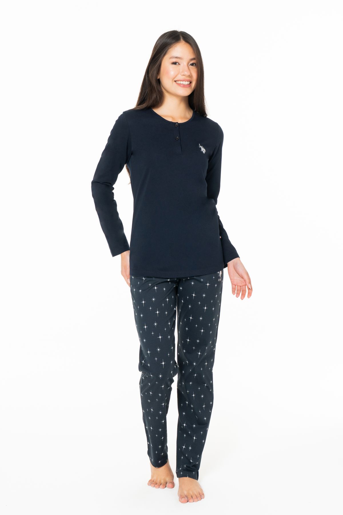U.s Polo Assn. 20158 Kadın Uzun Kollu Düğmeli Bisiklet Yaka Pijama Takımı-Lacivert