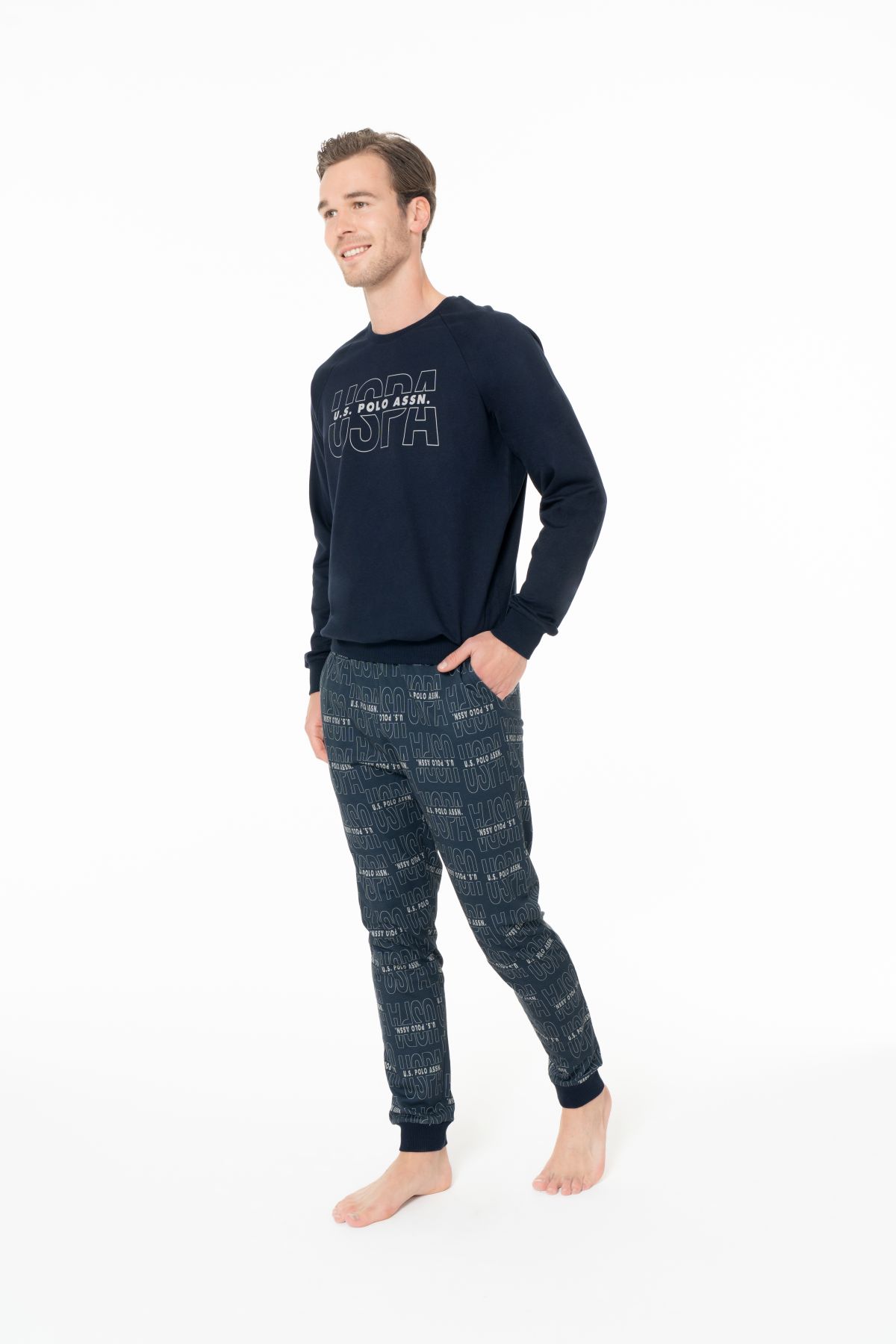 U.s Polo Assn. 18968 Erkek Uzun Kollu Bisiklet Yaka Paçası Bantlı Rahat Ev Giyim-Lacivert