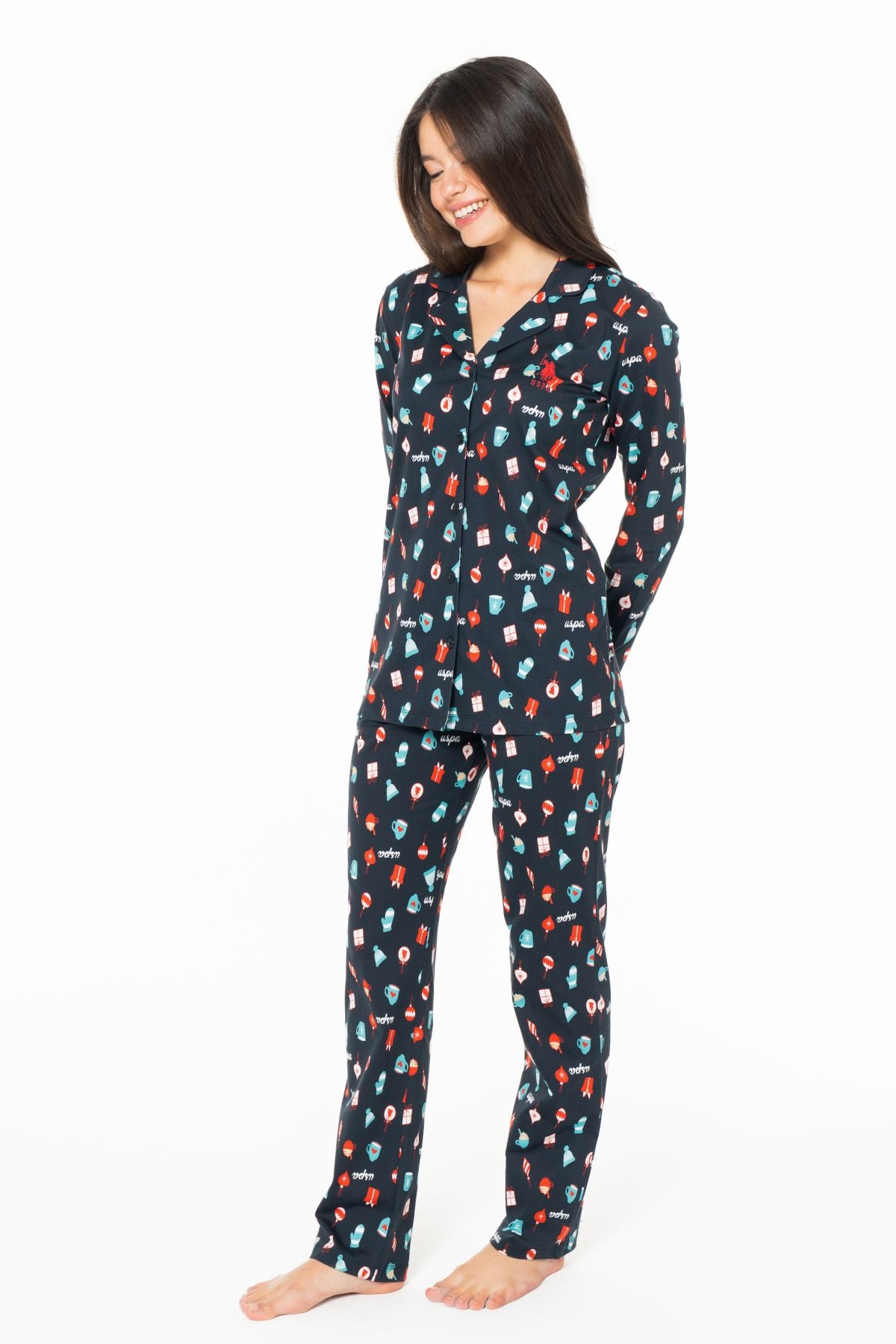 U.s Polo Assn. 20166 Kadın Uzun Kollu Gömlek Pijama Takım-Lacivert